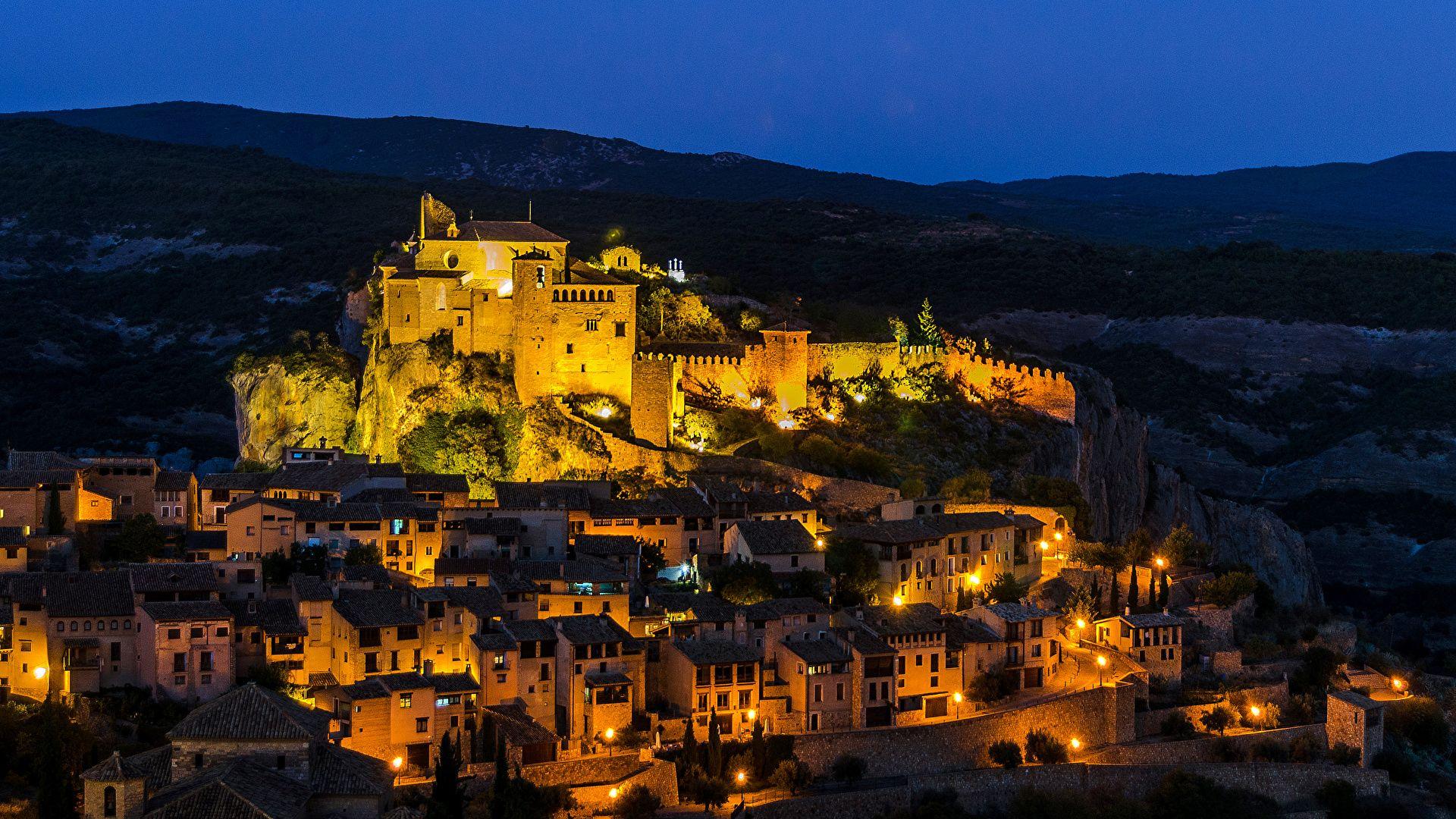 Wallpaper Spain Fortification Alquezar Aragon Night 1920x1080