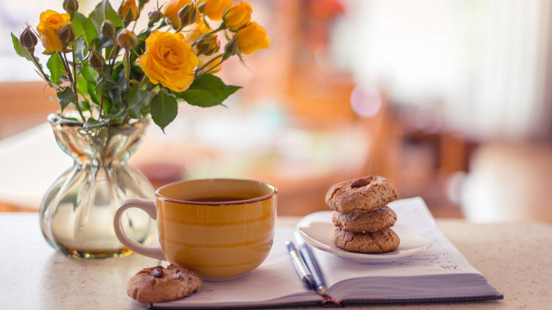 Vase Roses Yellow Notepad Cup Tea Biscuits Spade Flower