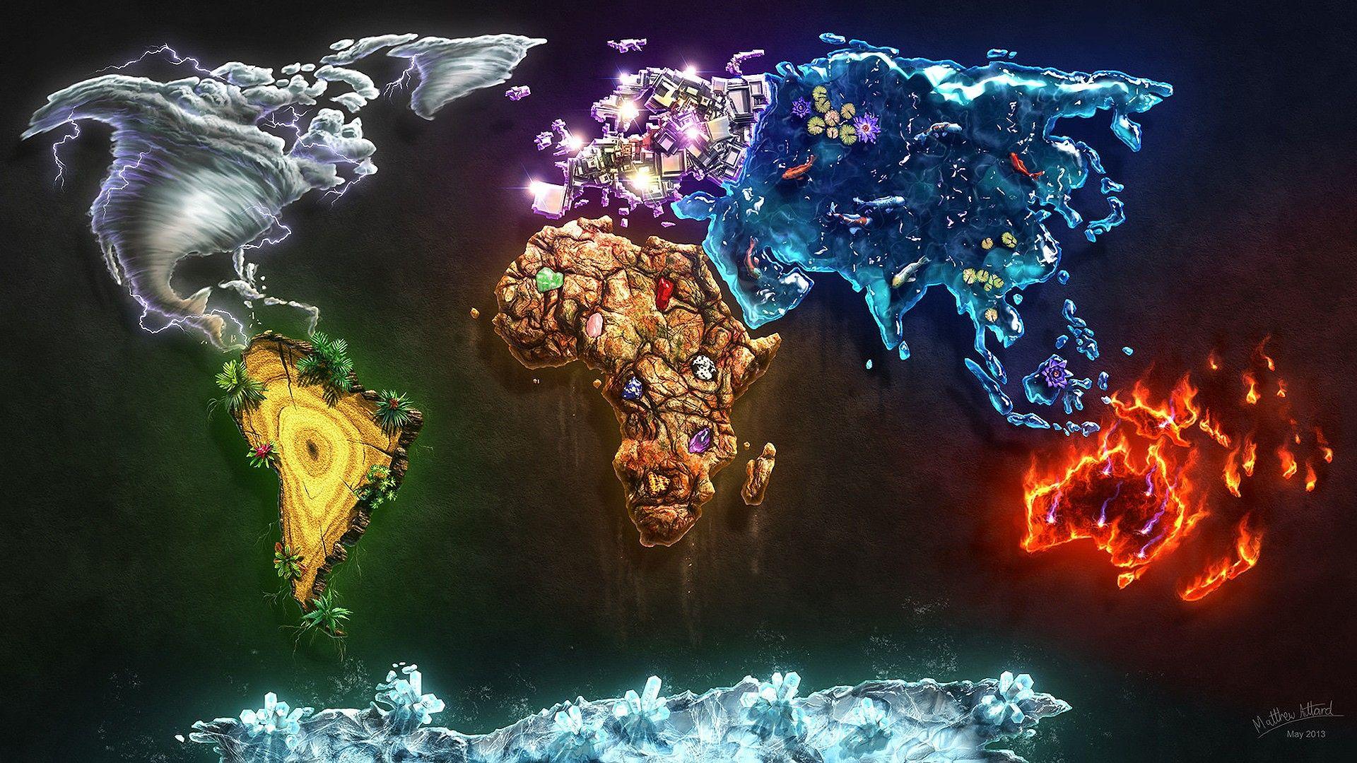 Wallpaper, 1920x1080 px, air, continents, diamonds, Earth, fire, four elements, ice, map, tornado, water, world 1920x1080