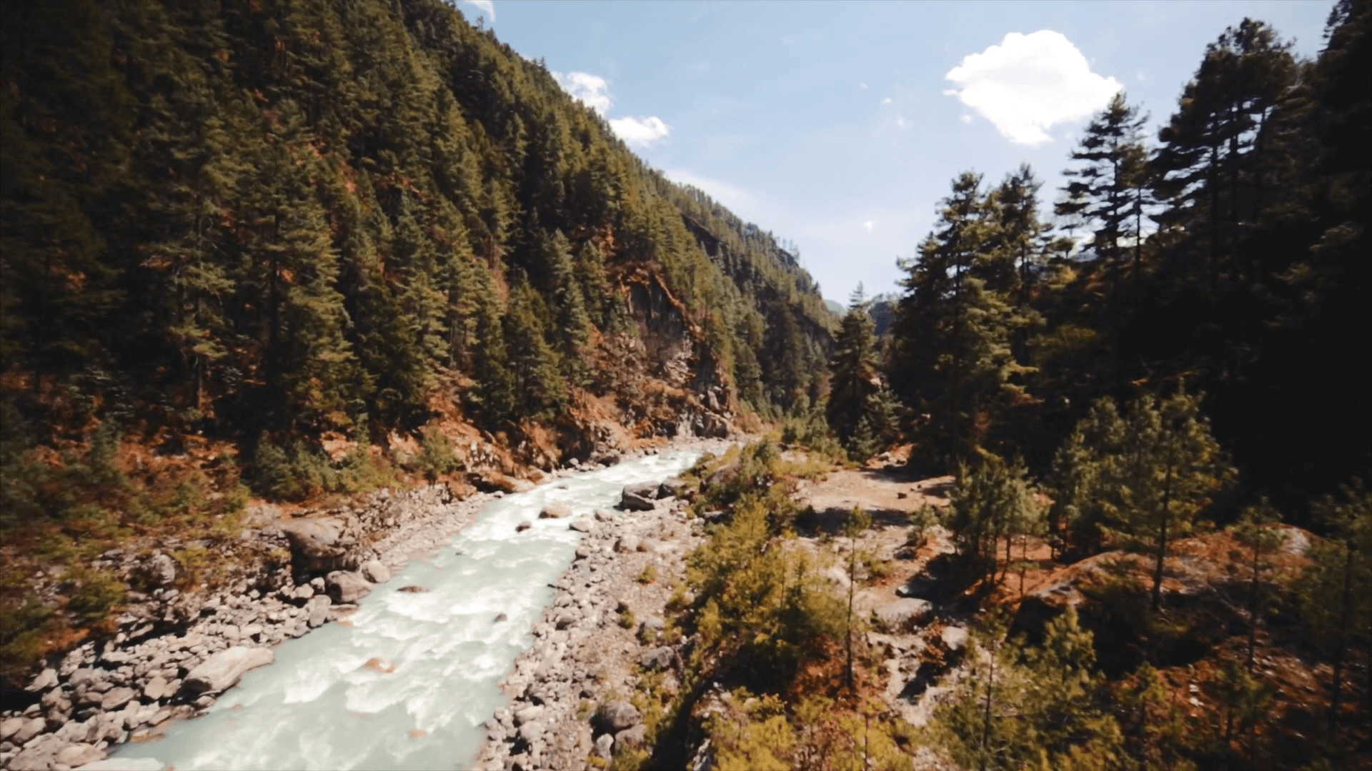 Amazing view of Dudh Kosi river from suspension bridge in the Nepal