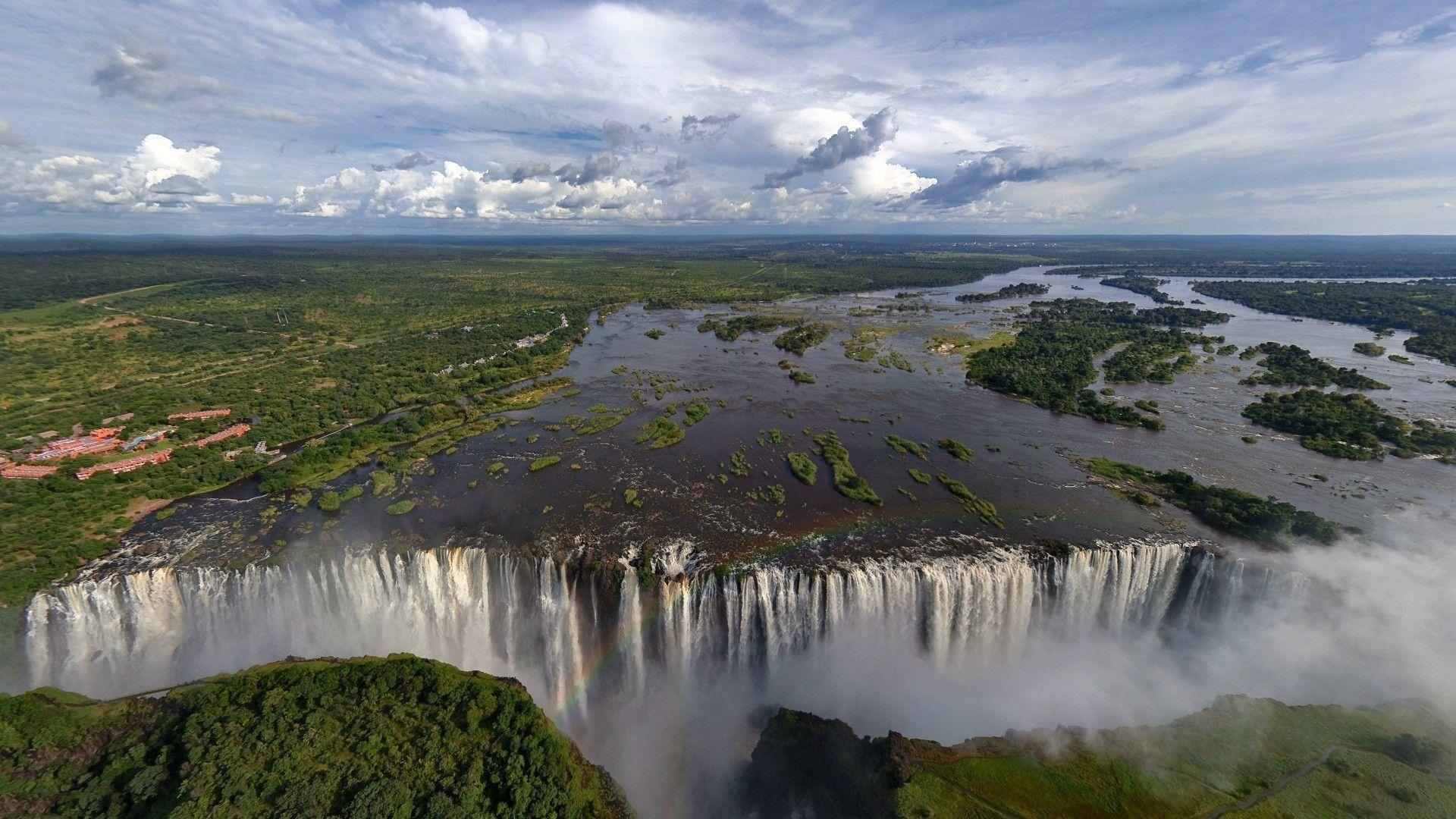 lake, Waterfall, Trees, Landscape, Zambezi River, Victoria Falls