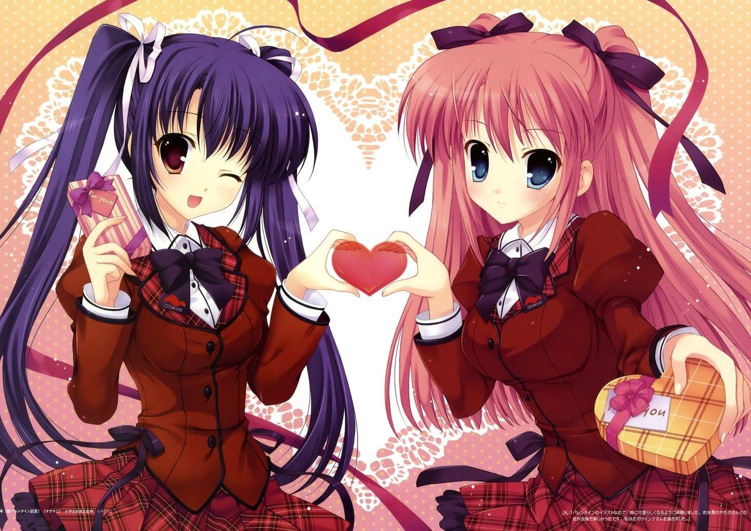 In this anime wallpapers two cute anime girls are making a valentines