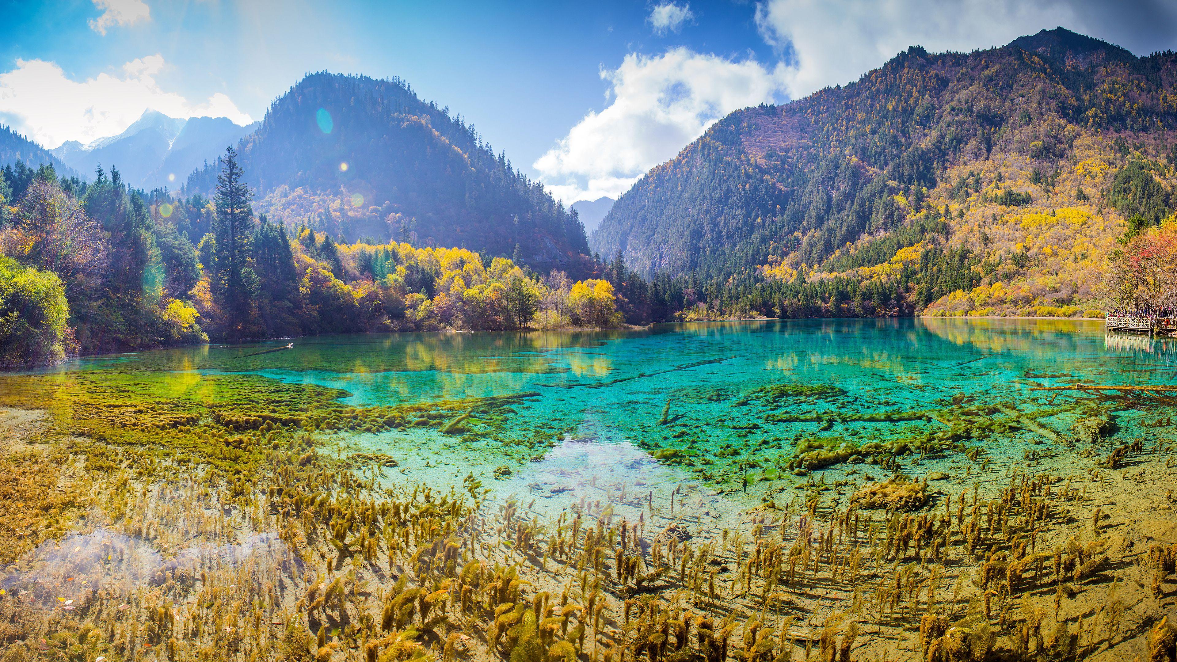 Image Jiuzhaigou park China Valley Nature Autumn Mountains 3840x2160