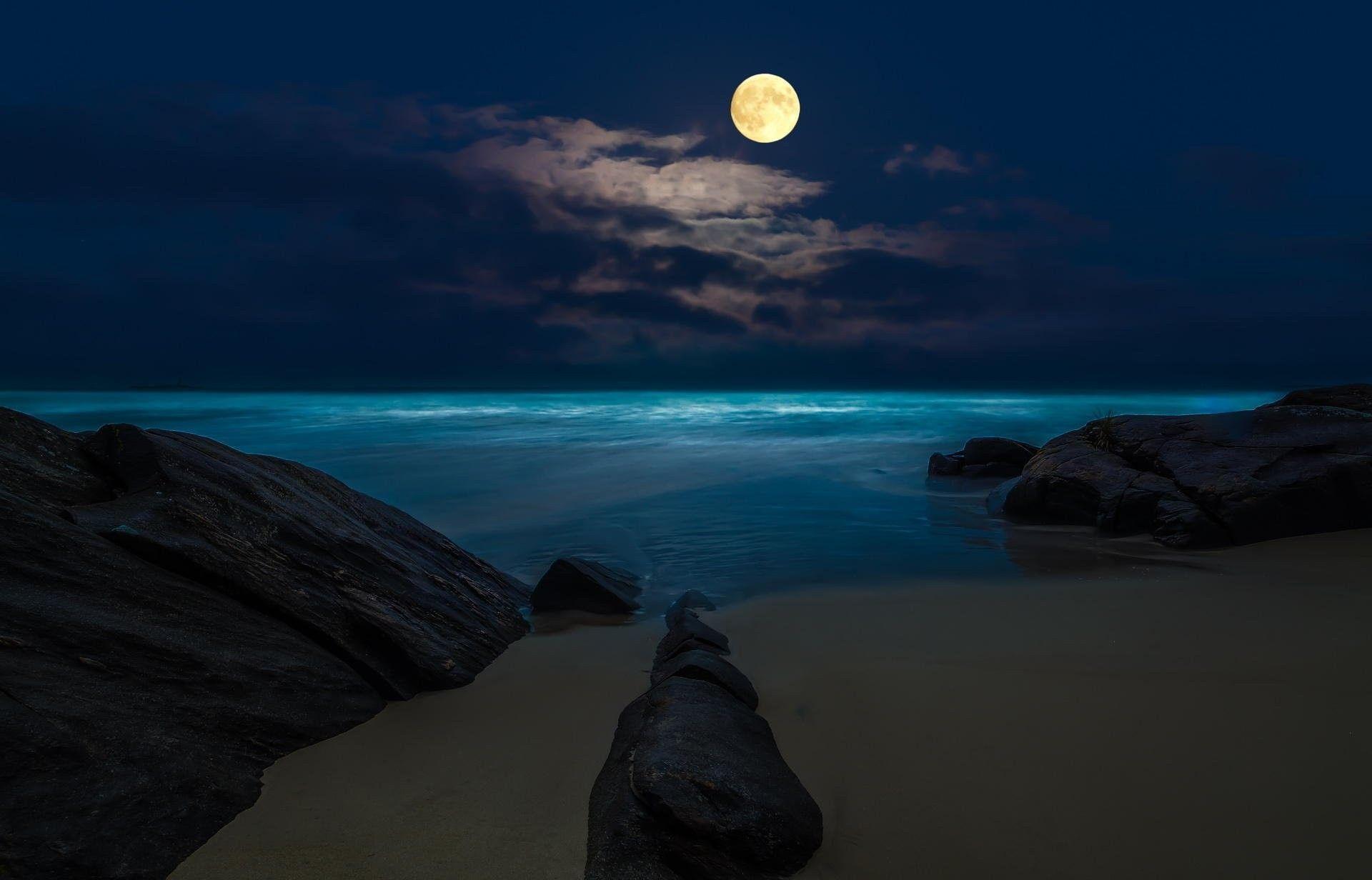 Beach Night Sea Moon Full Ocean Wallpaper Of Nature For Desktop