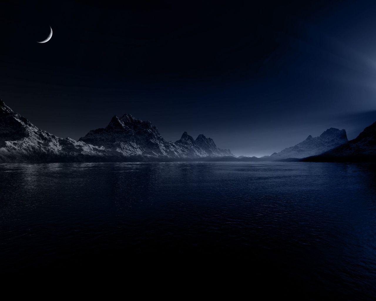 Night Moon Mountains & Sea desktop PC and Mac wallpaper