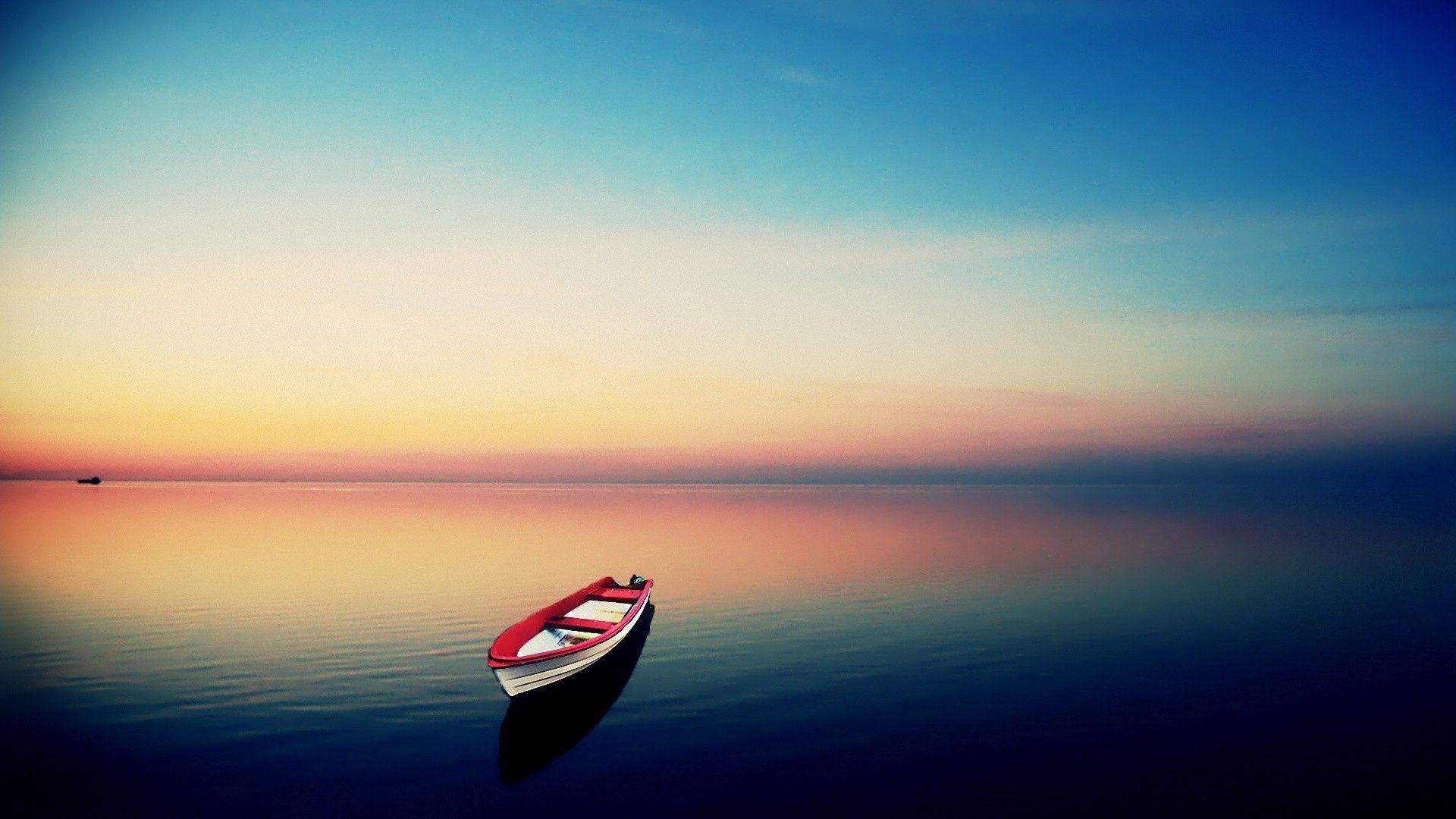 Download Wallpaper 1920x1080 boat, sea, water surface, loneliness