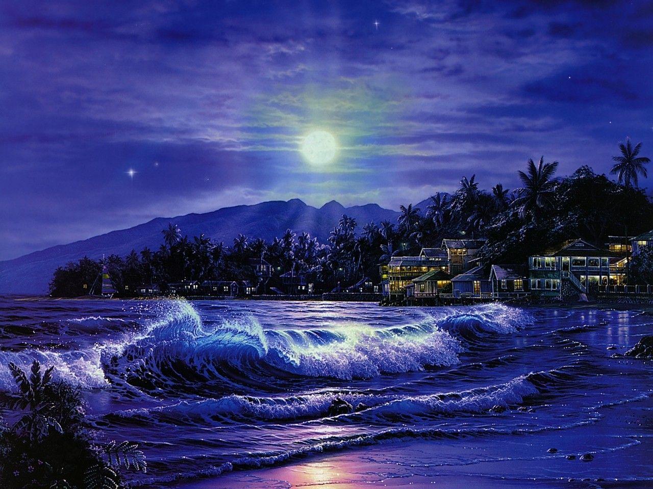 Oceans: Sky Moonlit Night Sea Clouds Beach Ocean Wallpaper In HD