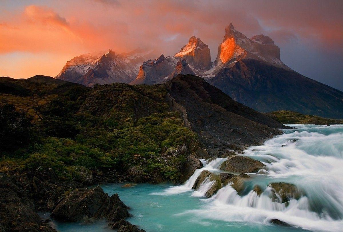 Chile, Sunrise, Mountain, Lake, Waterfall, Torres Del Paine
