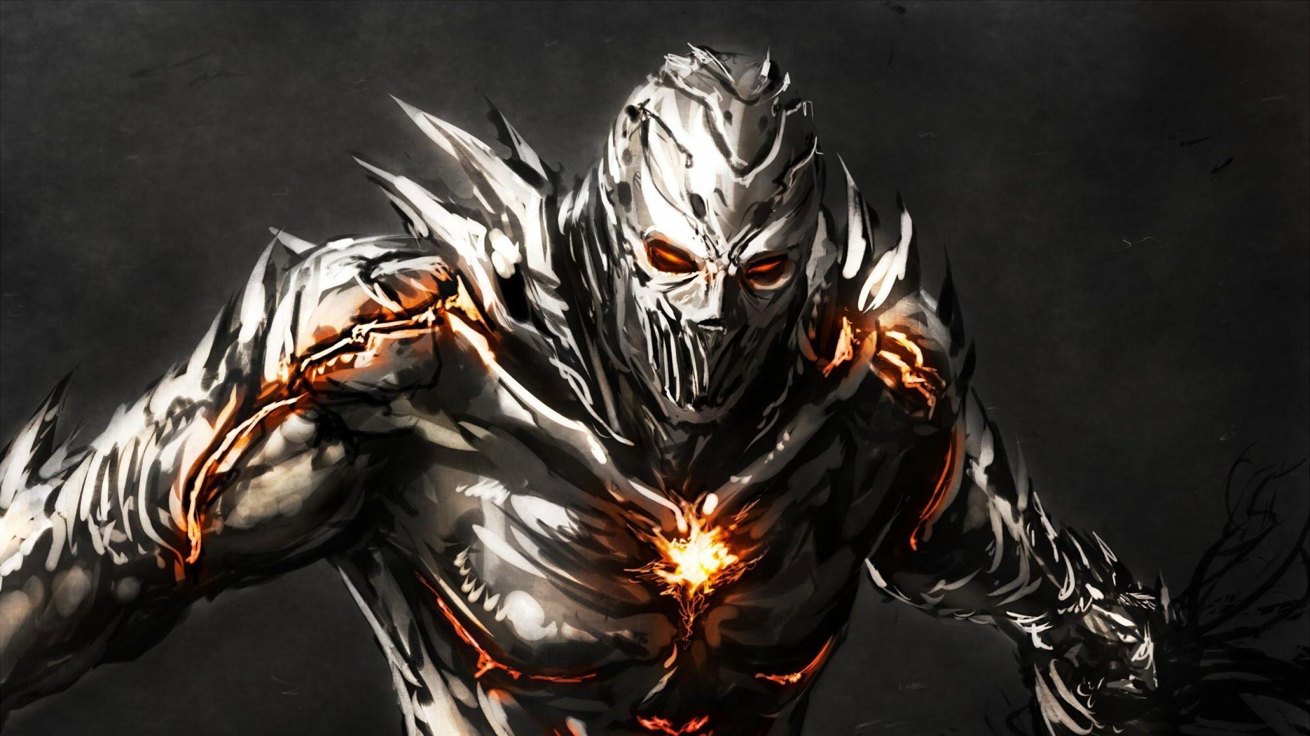 Download Wallpaper 2560x1440 Monster, Iron, Crack, Fire, Aggression