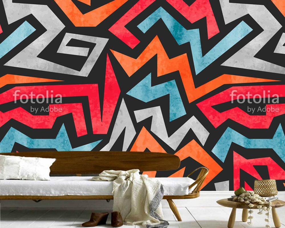 Custom graffiti wallpaper, geometric abstract mural for living room