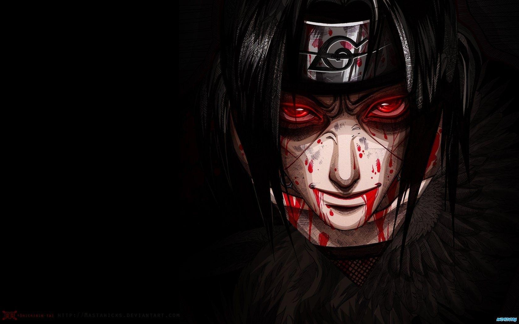 Wallpaper, black, Naruto Shippuuden, red eyes, blood, Uchiha Itachi, darkness, costume, screenshot, 1680x1050 px, fictional character, fiction 1680x1050