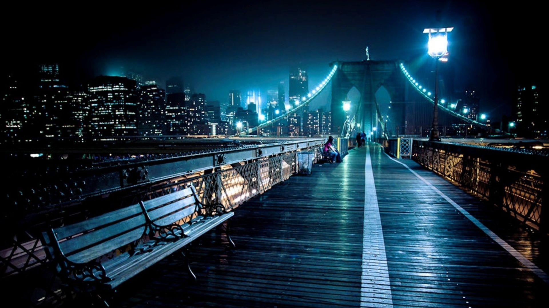 Walkway On Top Of Brooklyn Bridge At Night HD Desktop Background