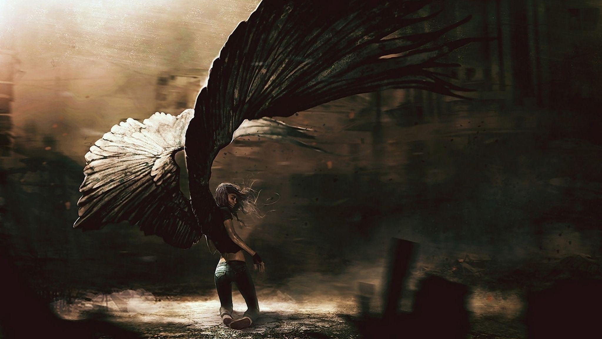 Download Wallpaper 2048x1152 Angel, Girl, Fallen, Wings HD HD Background