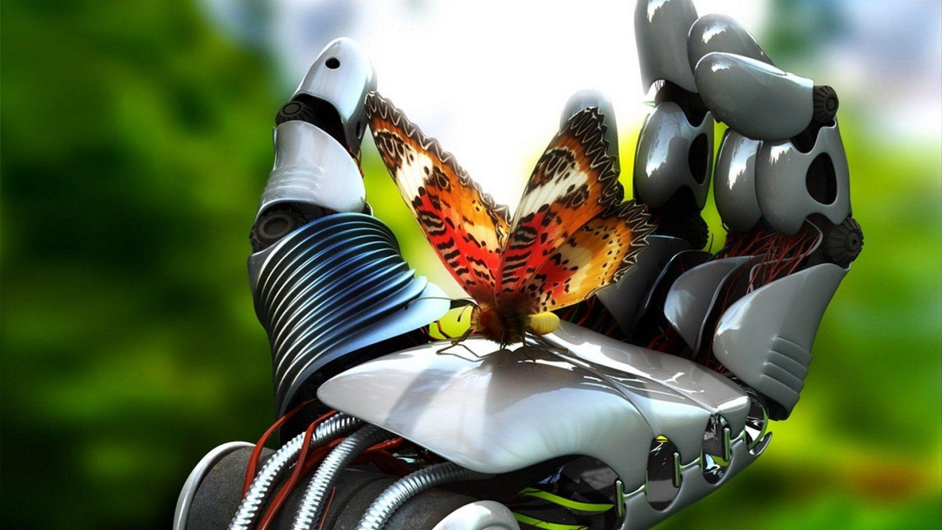 Robot Hand Butterfly 3D Wallpaper Image Full HD Free