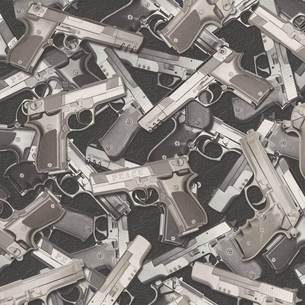 Muriva Guns Pattern Pewter Grey Urban Bling Motif Pistol Wallpaper