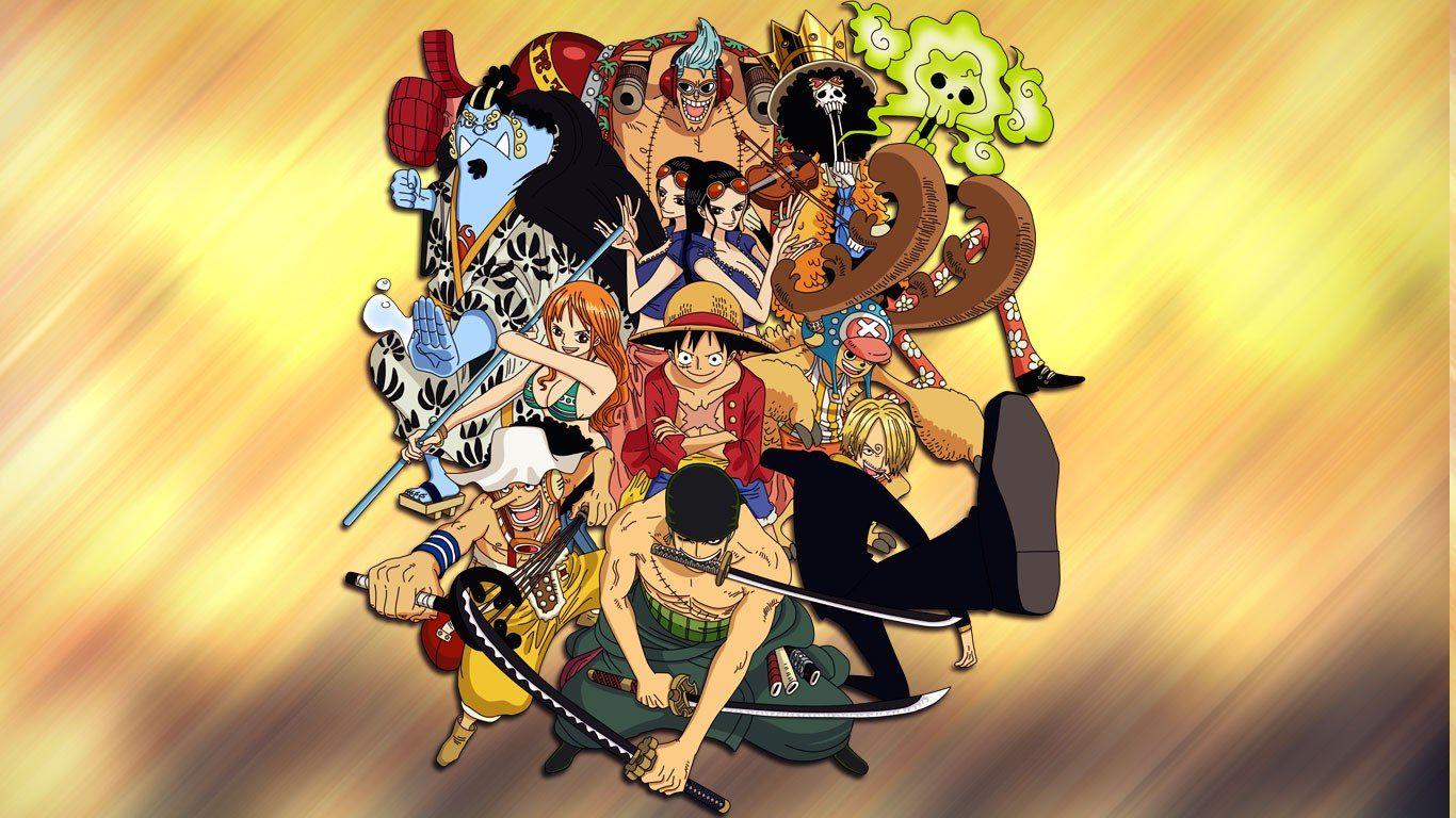 Wallpaper, illustration, anime, One Piece, Sanji, Monkey D Luffy, Roronoa Zoro, Nami, Tony Tony Chopper, Nico Robin, Brook, Usopp, Franky, Jimbei, screenshot, 1366x768 px, computer wallpaper 1366x768