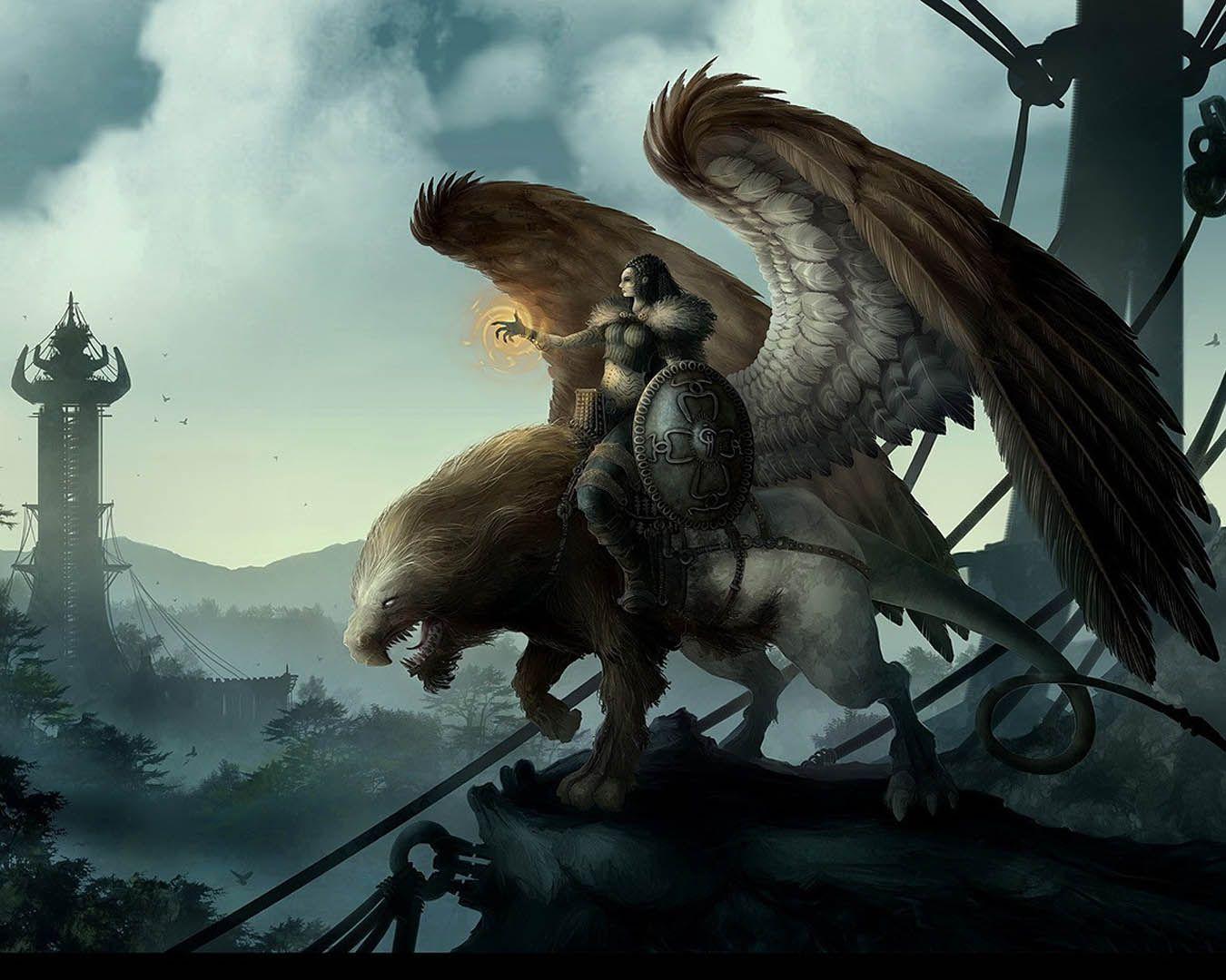 Warrior Mounted On Griffin monsters wallpaper image. Art