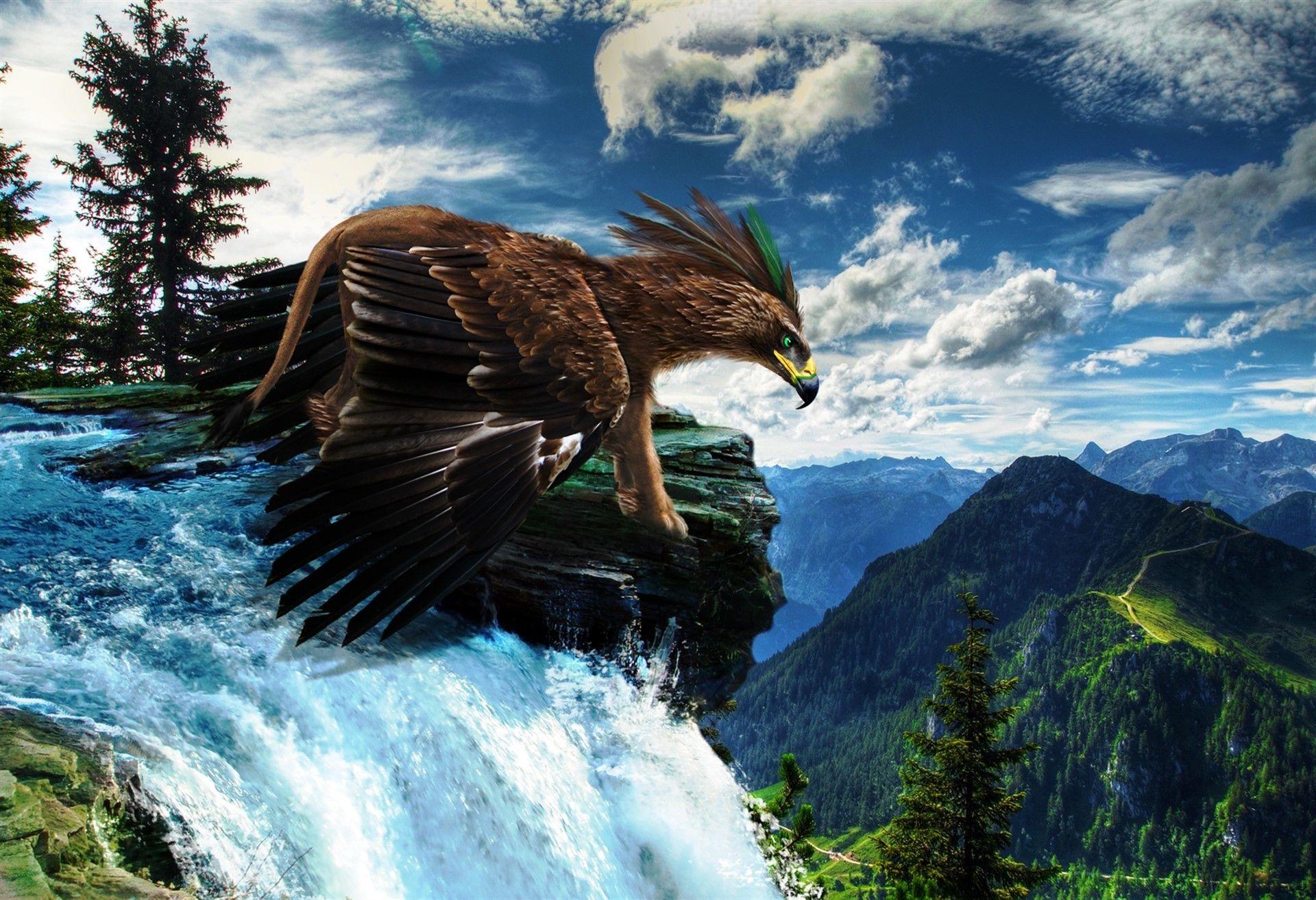 mountain, scenery, sky, download, river, gryphon, animals, eagle