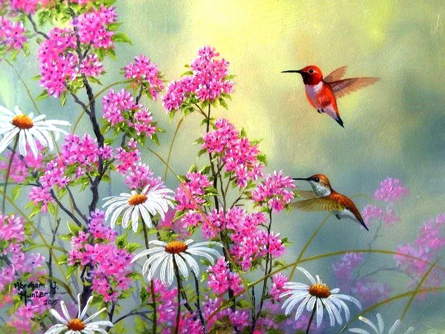 Flowers: Hummingbirds Four Spring Paintings Beautiful Wildflowers