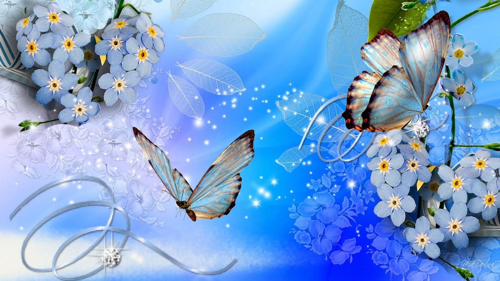 Blue butterflies blue flowers wallpaper download