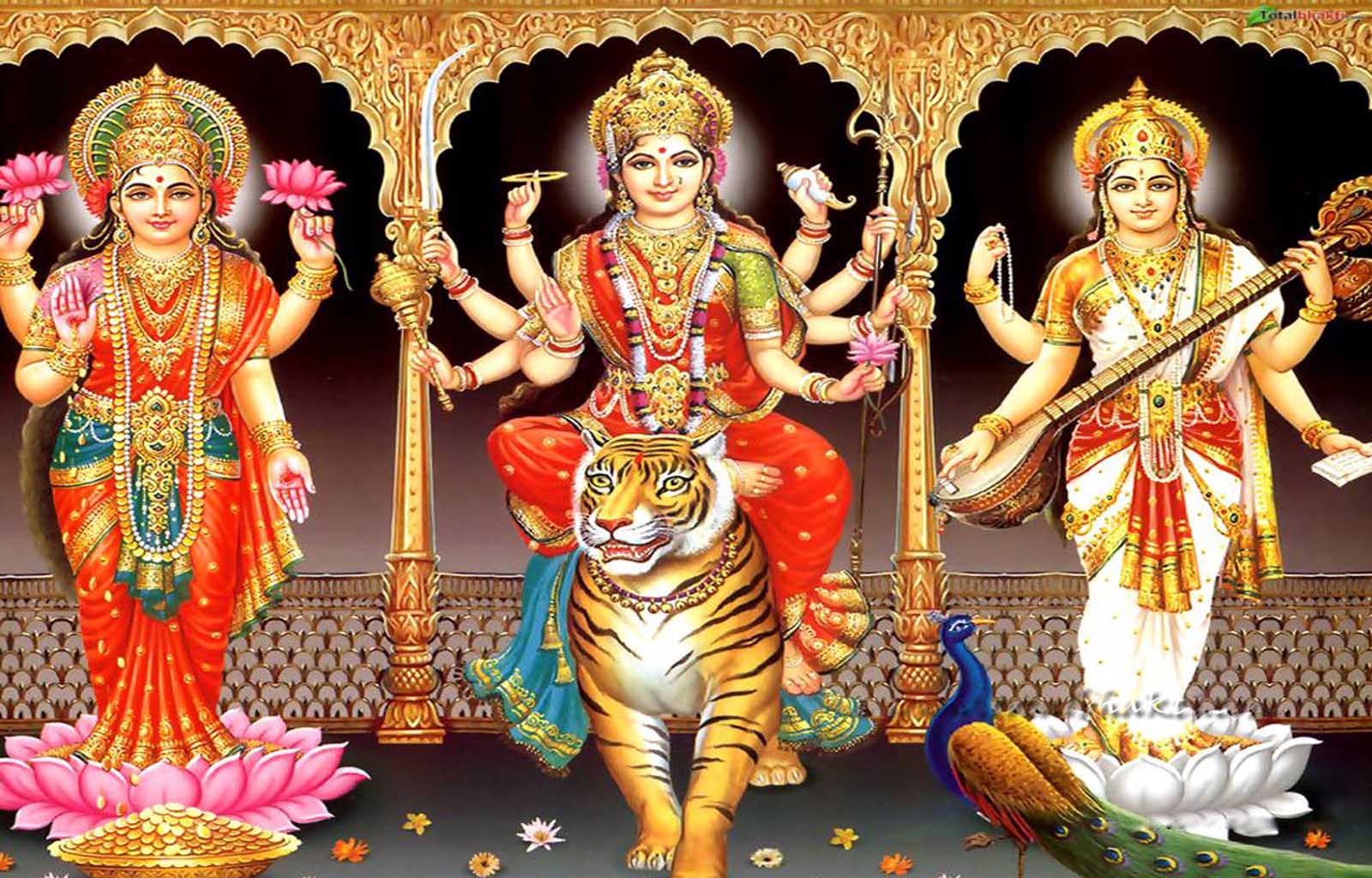Lakshmi, Durga with chakra, Saraswati
