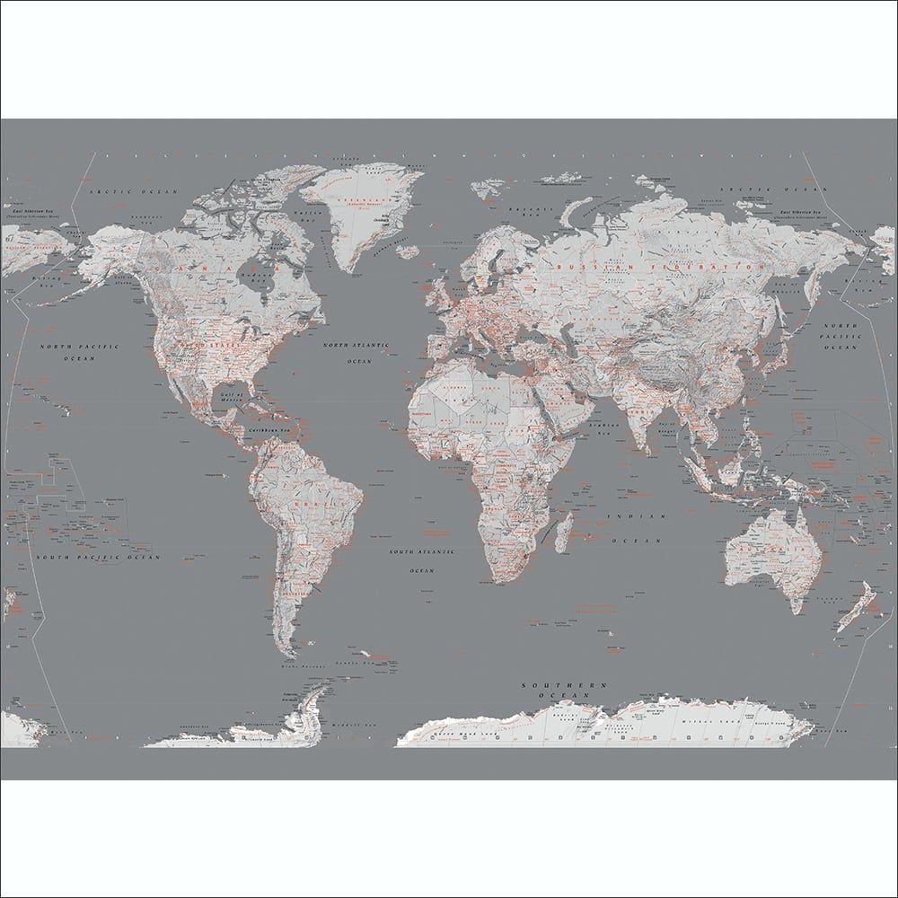Silver Grey World Map Feature Wall Wallpaper Muralcm x 232cm