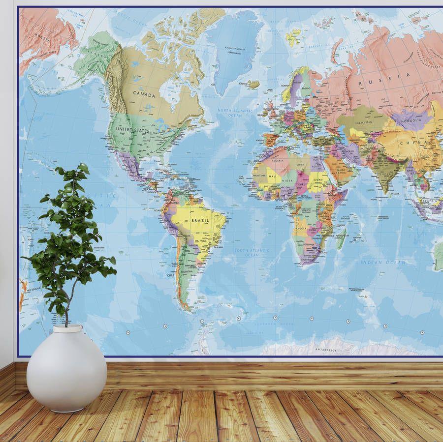 giant world map mural blue ocean