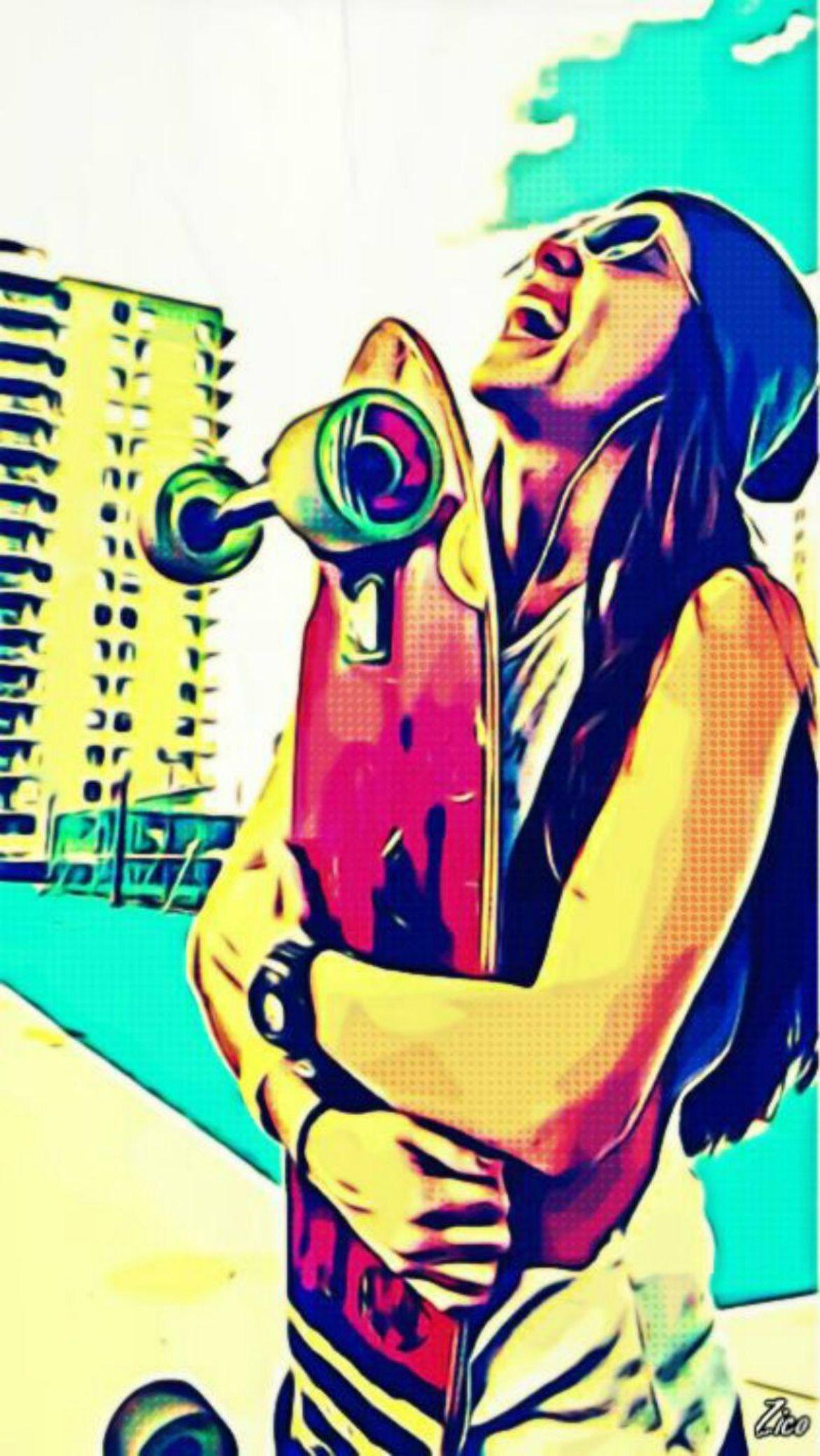 Wallpaper, illustration, digital art, women, cartoon, skateboard