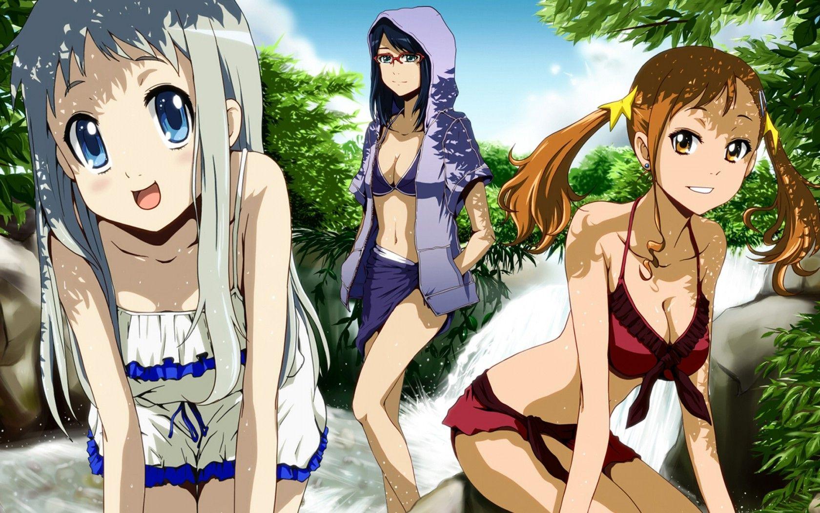 Wallpaper, long hair, anime girls, black hair, cleavage, river