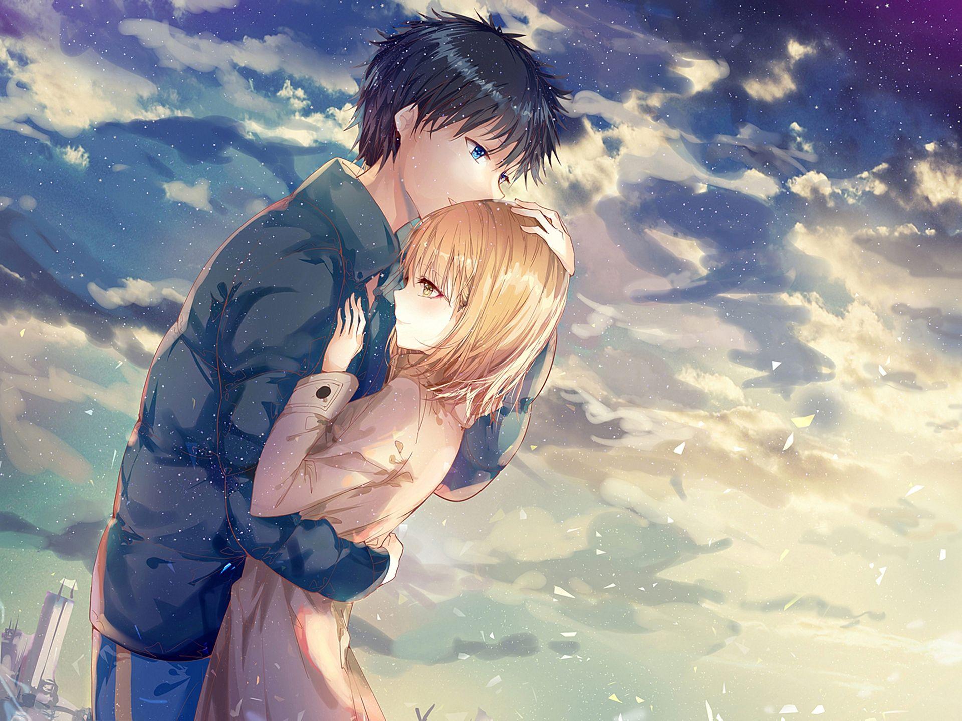 Wallpapers Anime Couple, Hug, Romance, Clouds, Scenic