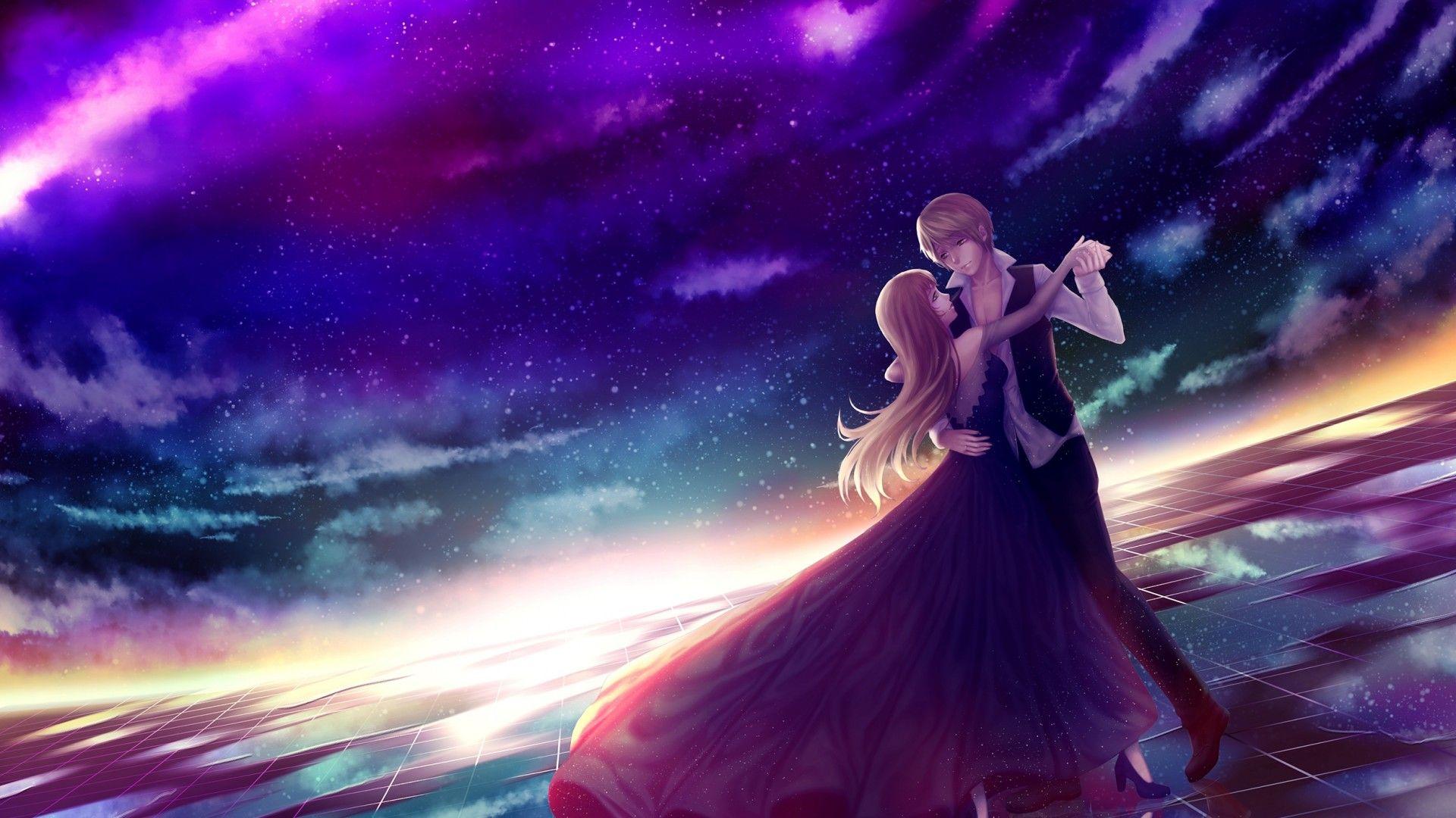 Download 1920x1080 Anime Couple, Dancing, Stars, Sky, Romance, Dress
