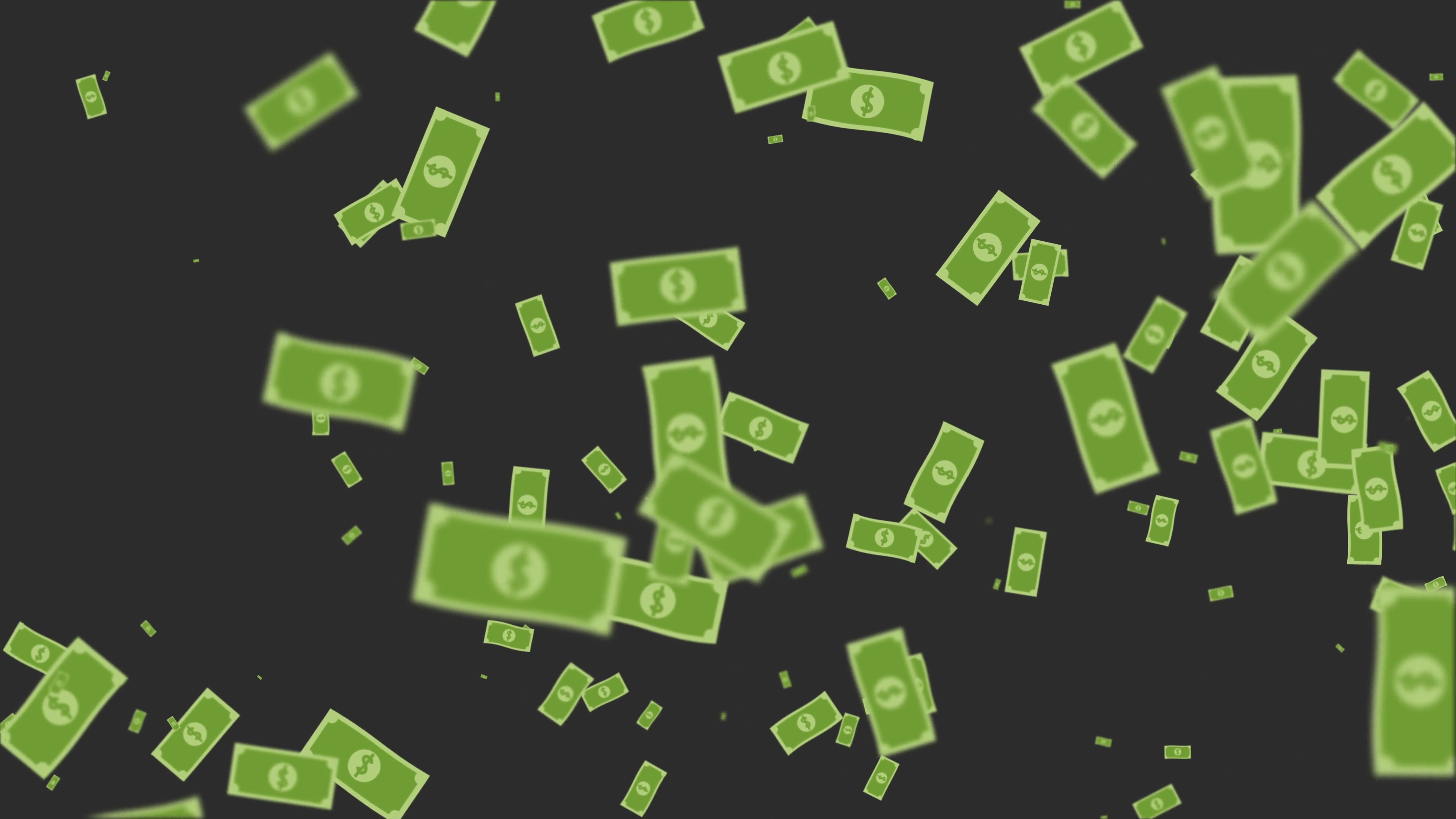 Flying cartoon money in slow motion Isolated over black Background