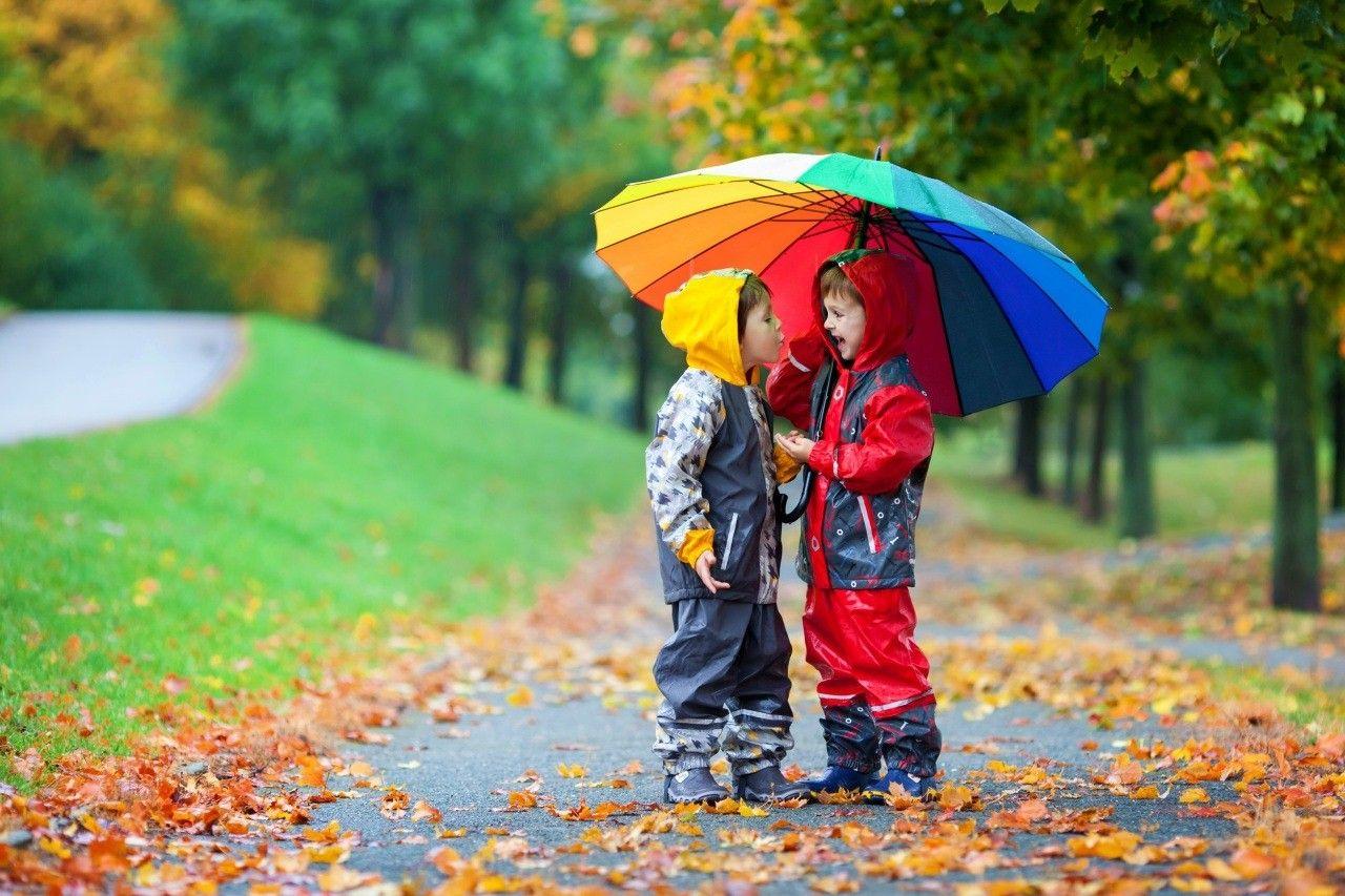 Two Cute Boys Colorful Umbrella Full HD Large Wallpaper HD