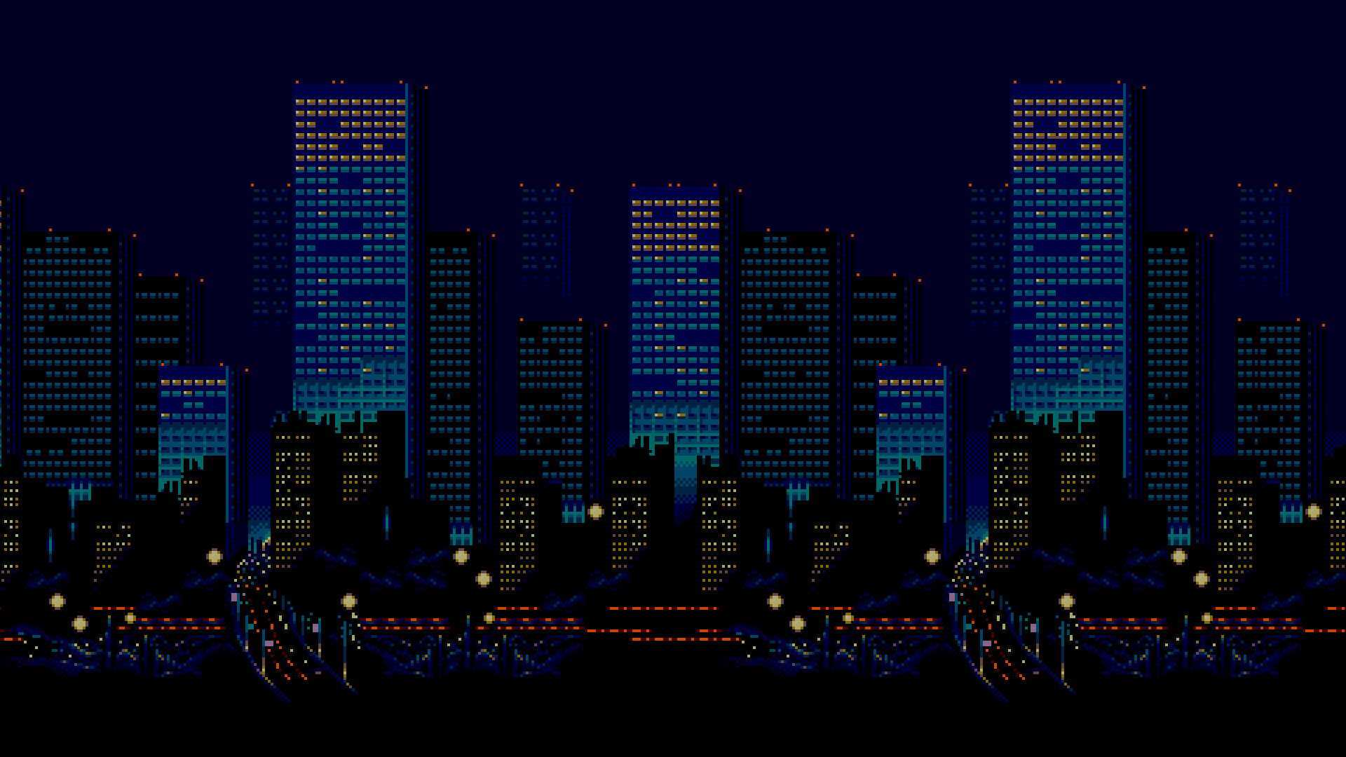 Wallpaper, city, cityscape, night, pixel art, urban, skyline