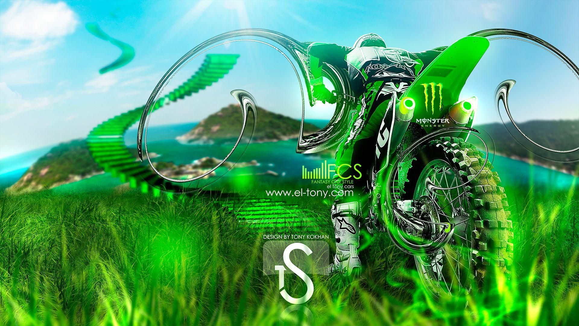 Motocross Biker Fantasy Green Neon Monster Energy 2013 HD Wallpaper
