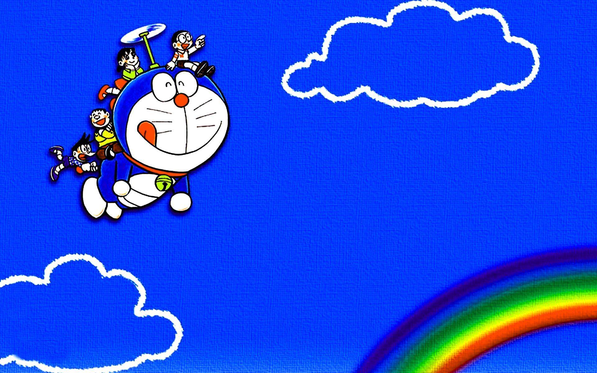 Doraemon Cartoon Friends In Rainbow Background HD Wallpaper