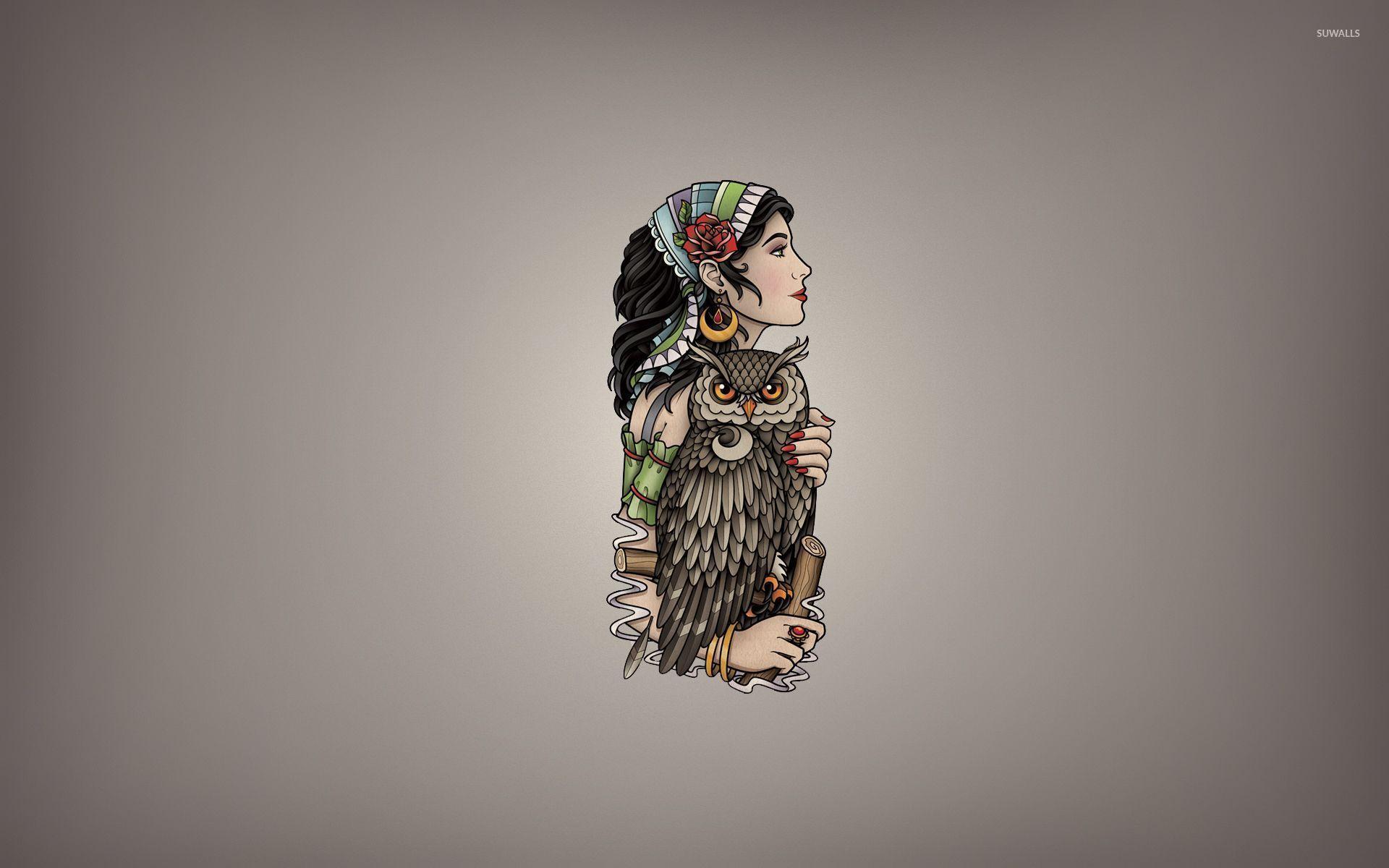 Girl with a scarf holding the owl wallpaper wallpaper