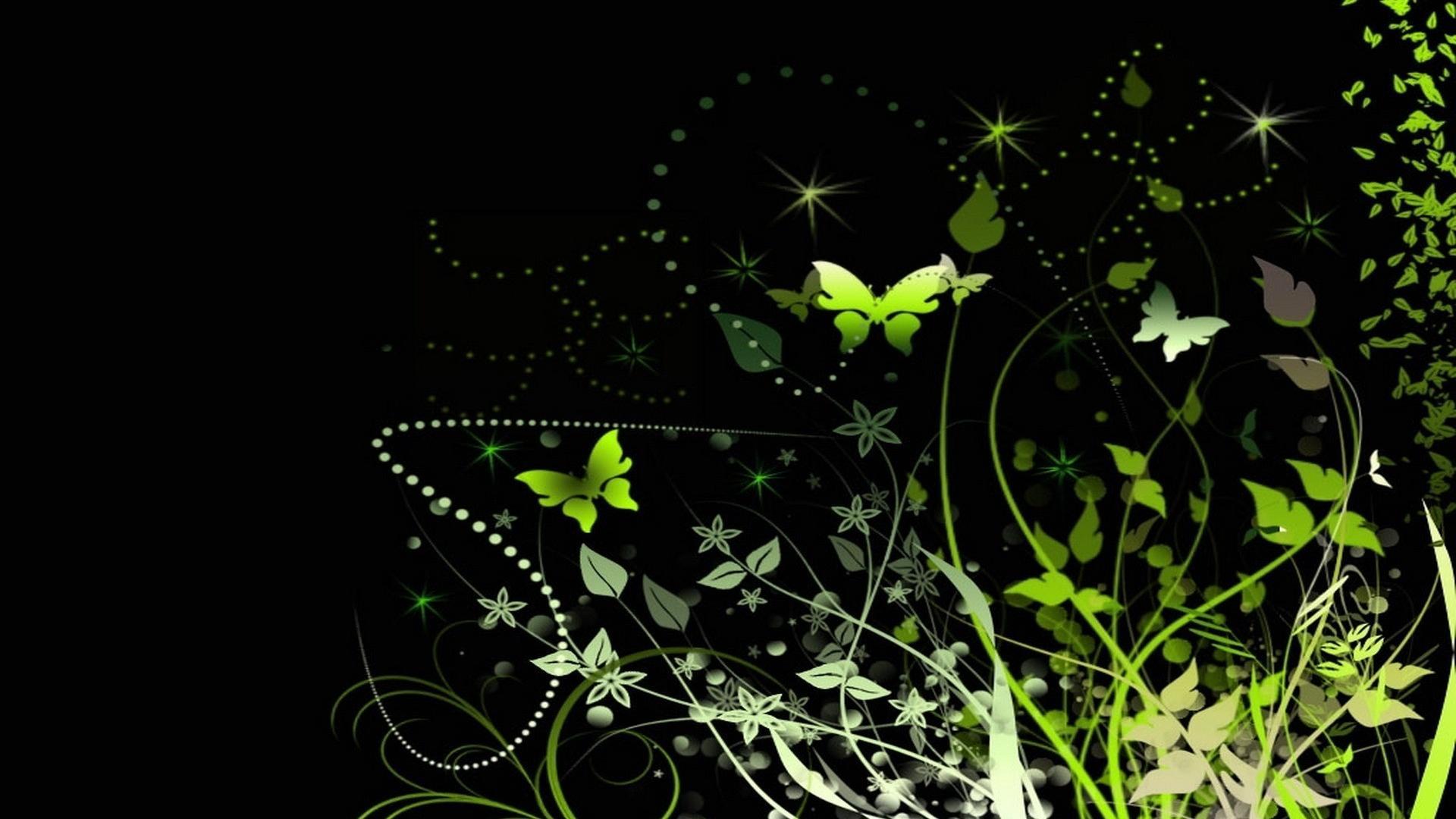 Green pattern artistic flowers black background butterflies