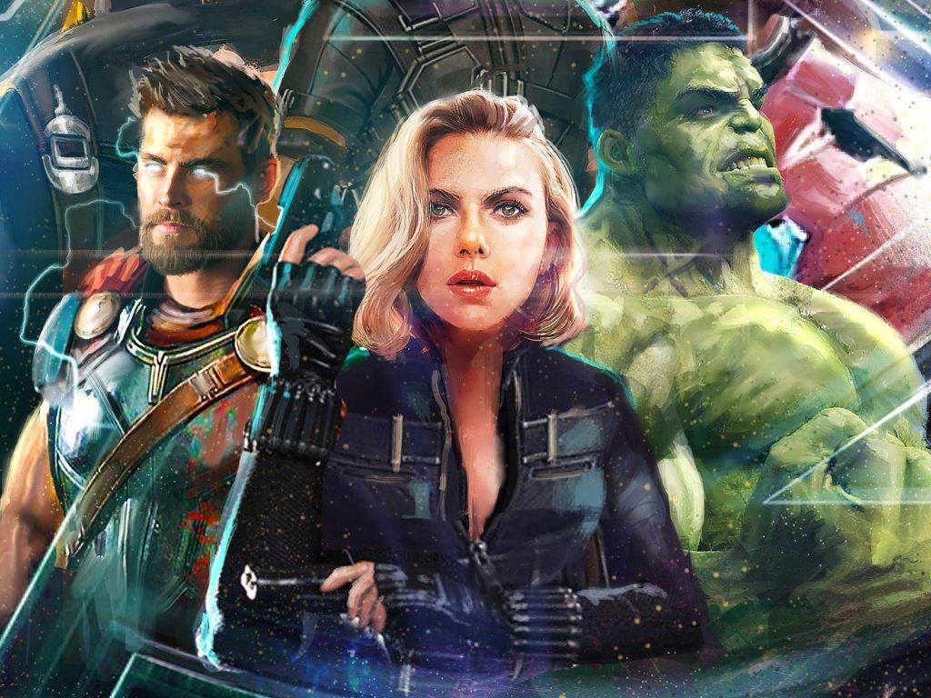 Desktop wallpaper hulk, thor, black widow, avengers: infinity war