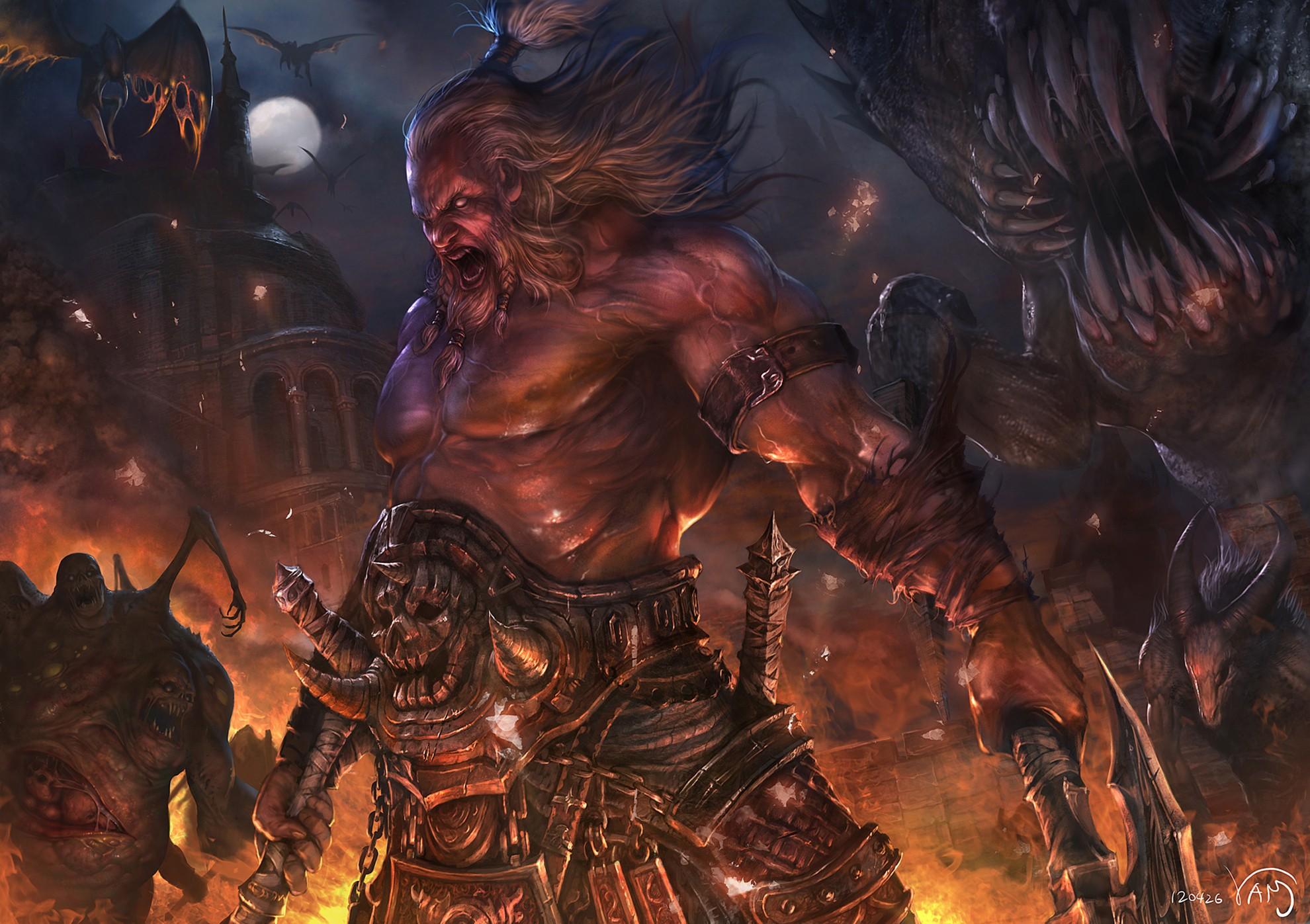 video games, monsters, fire, barbarian, artwork, Diablo III