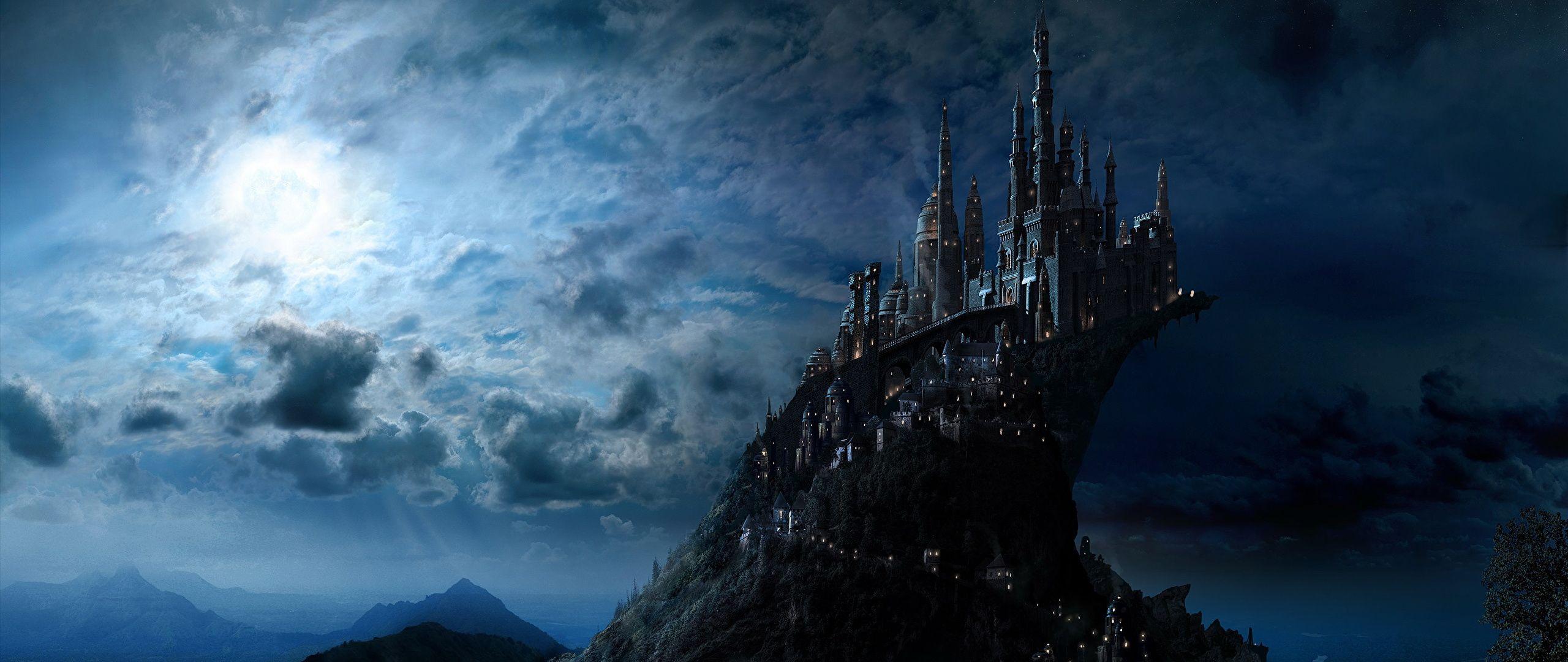 image Harry Potter Hogwarts Fantasy Castles Moon Movies 2560x1080
