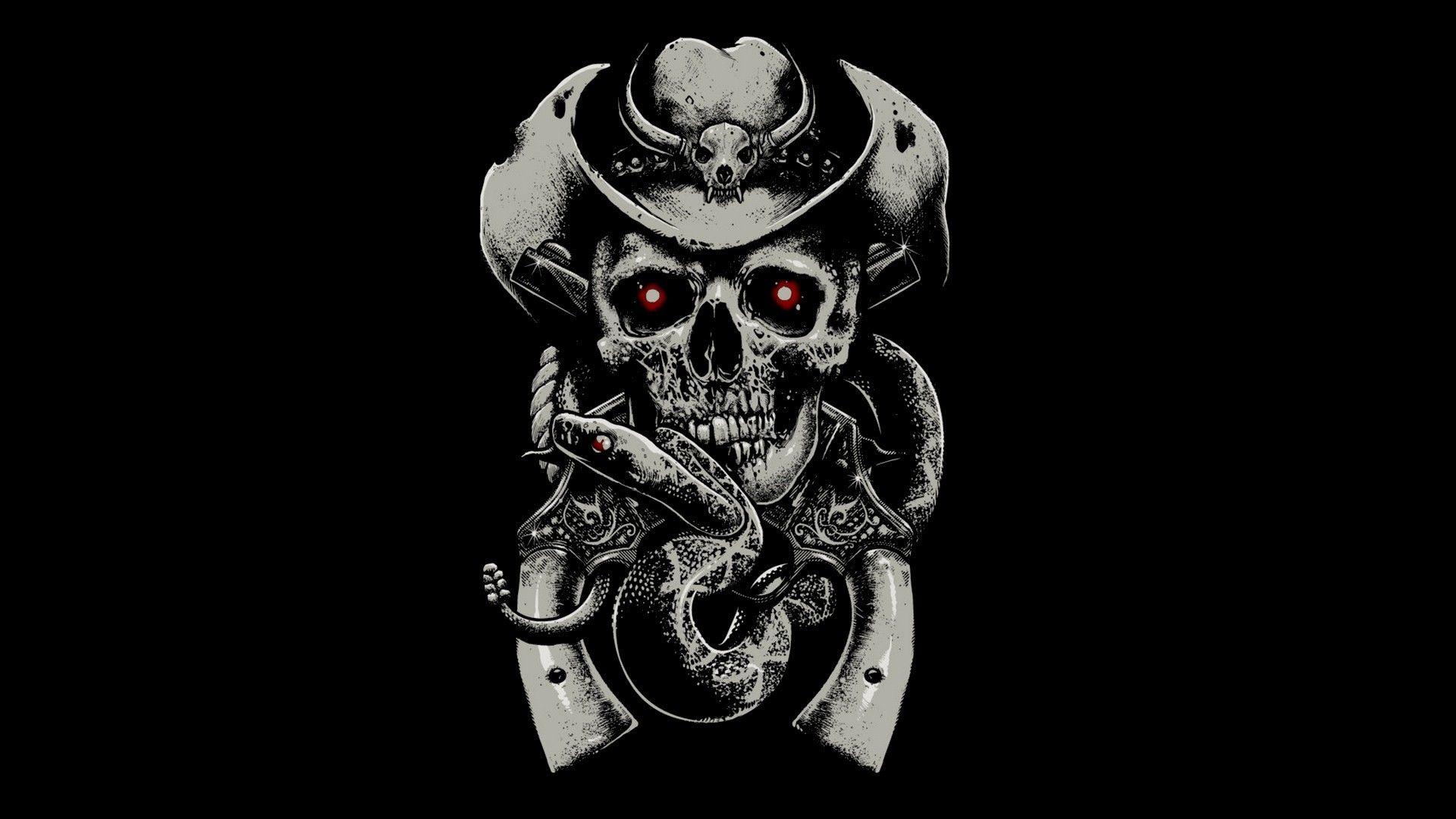 Download Wallpaper 1920x1080 skull, fear, hat, guns, snake
