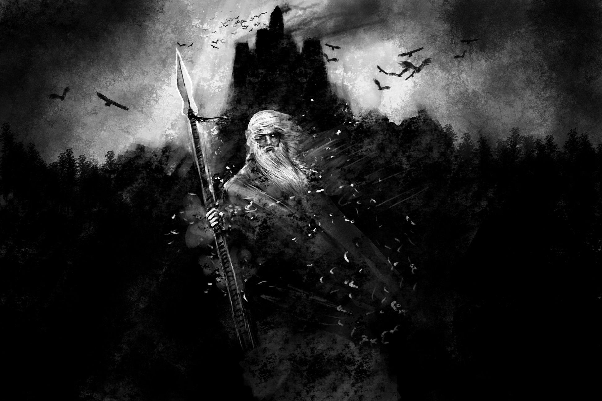 black and white, fantasy art, Odin, mythology, gods wallpaper