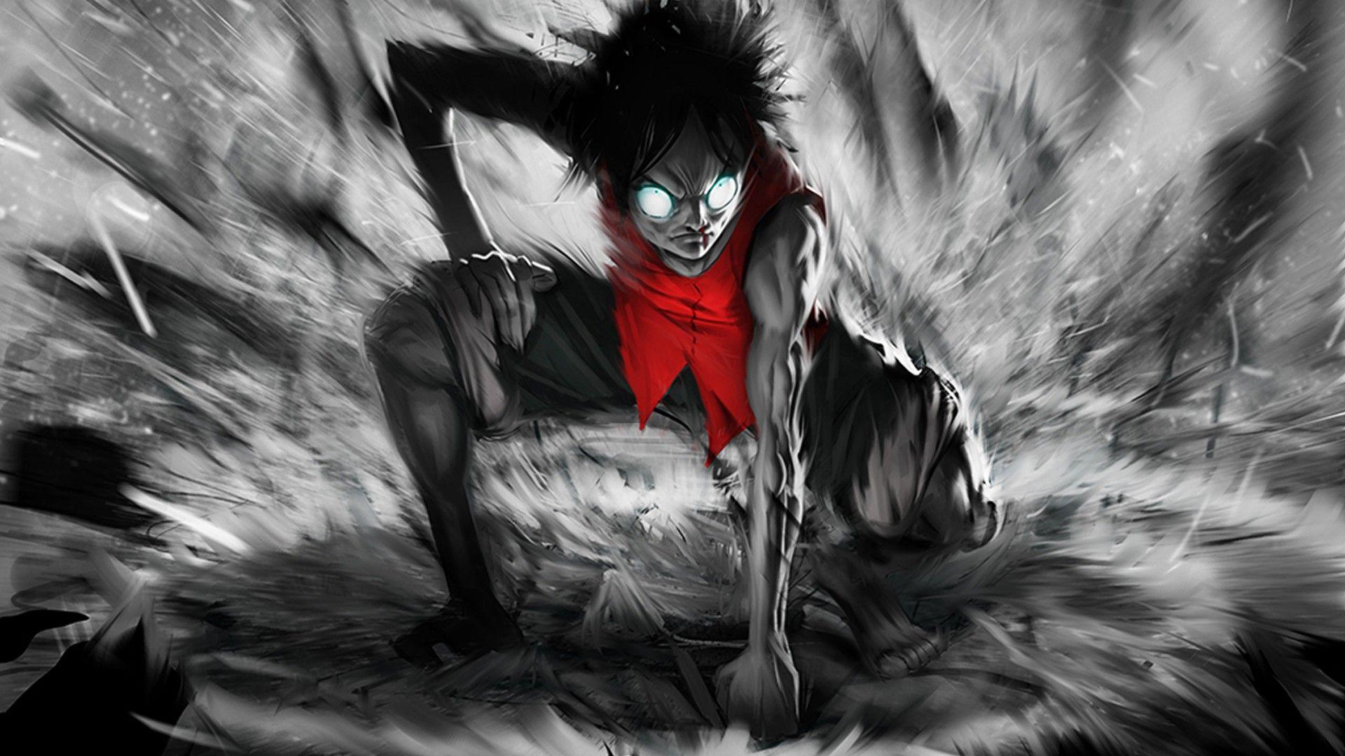 Wallpaper, anime, black hair, demon, One Piece, Monkey D Luffy, feather, darkness, 1920x1080 px, computer wallpaper, black and white, monochrome photography, fictional character, cg artwork, supernatural creature 1920x1080