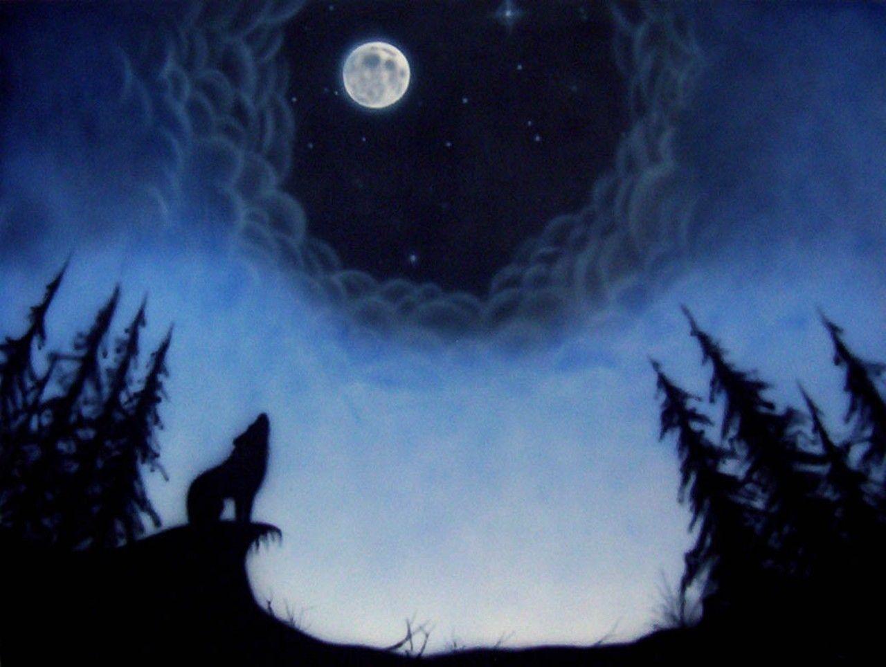Sky: Clouds Trees Night Howling Moon Stars Sky Wolf Wallpaper Full