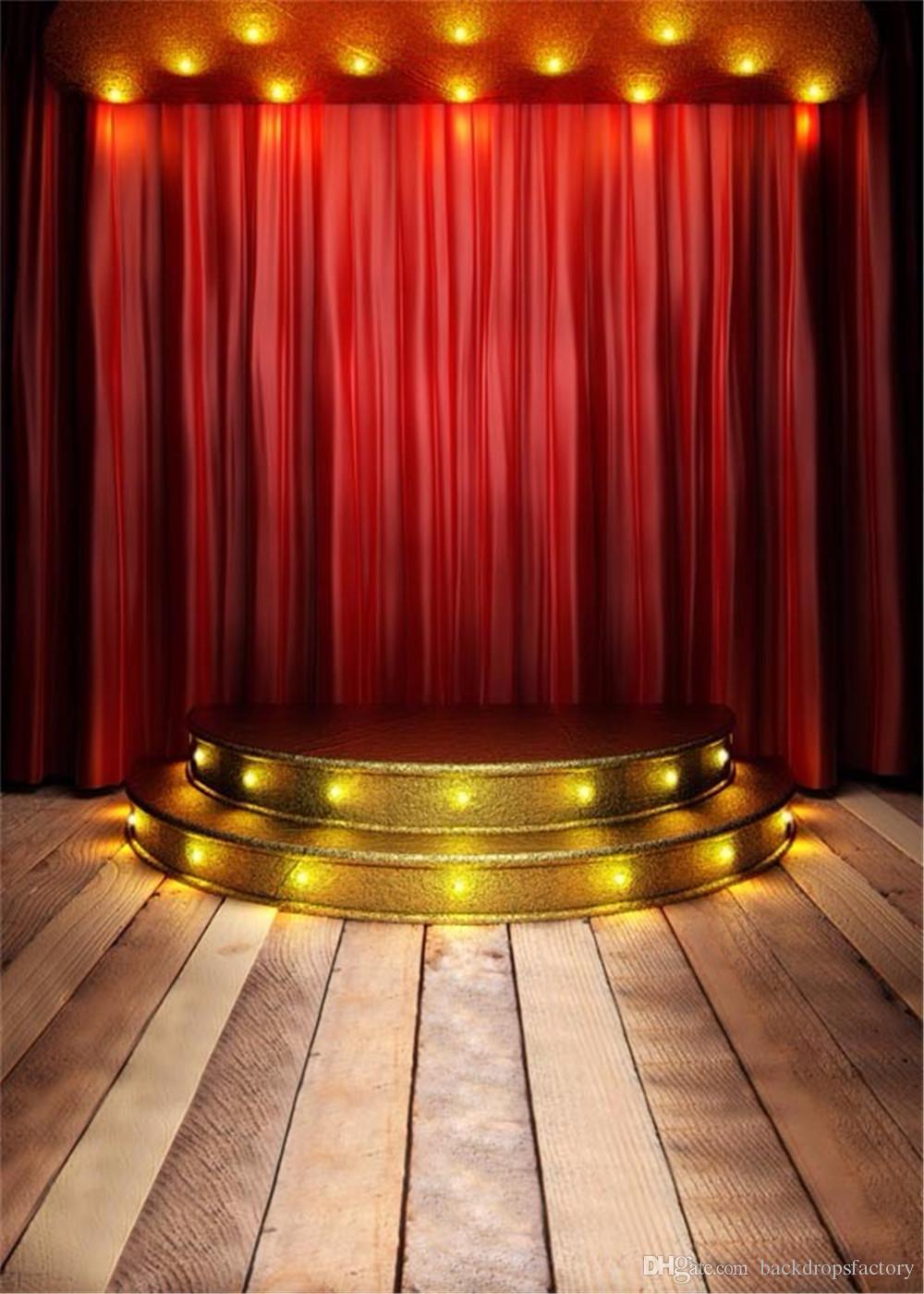 Red Curtain Stage Photography Background Wood Flooring Gold