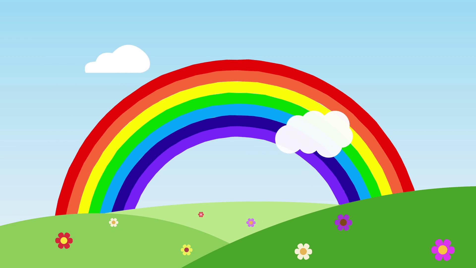 cute cartoon animation of colorful rainbow with some clouds over