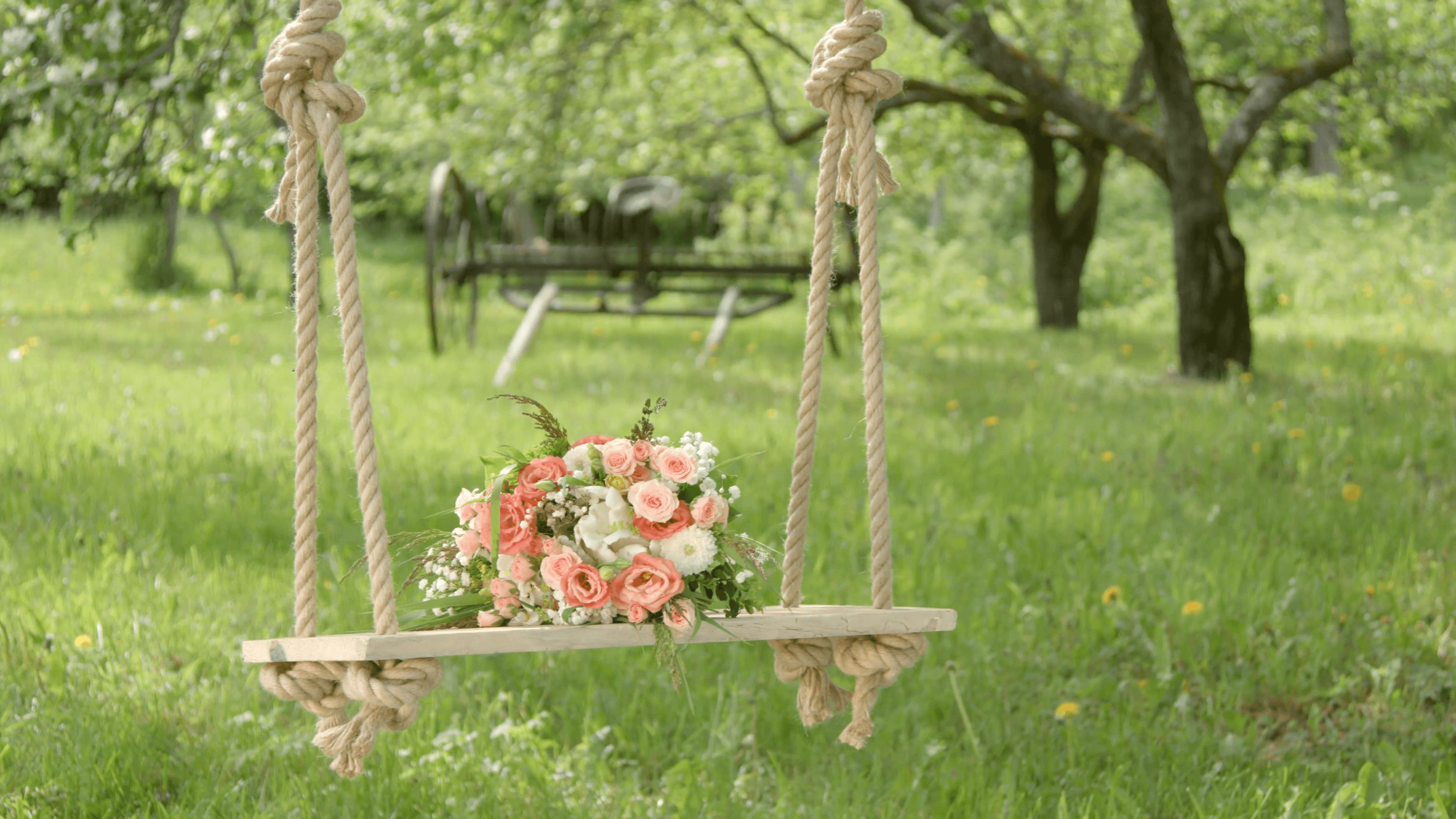 Flowers on rope wedding swing in garden background Stock Video
