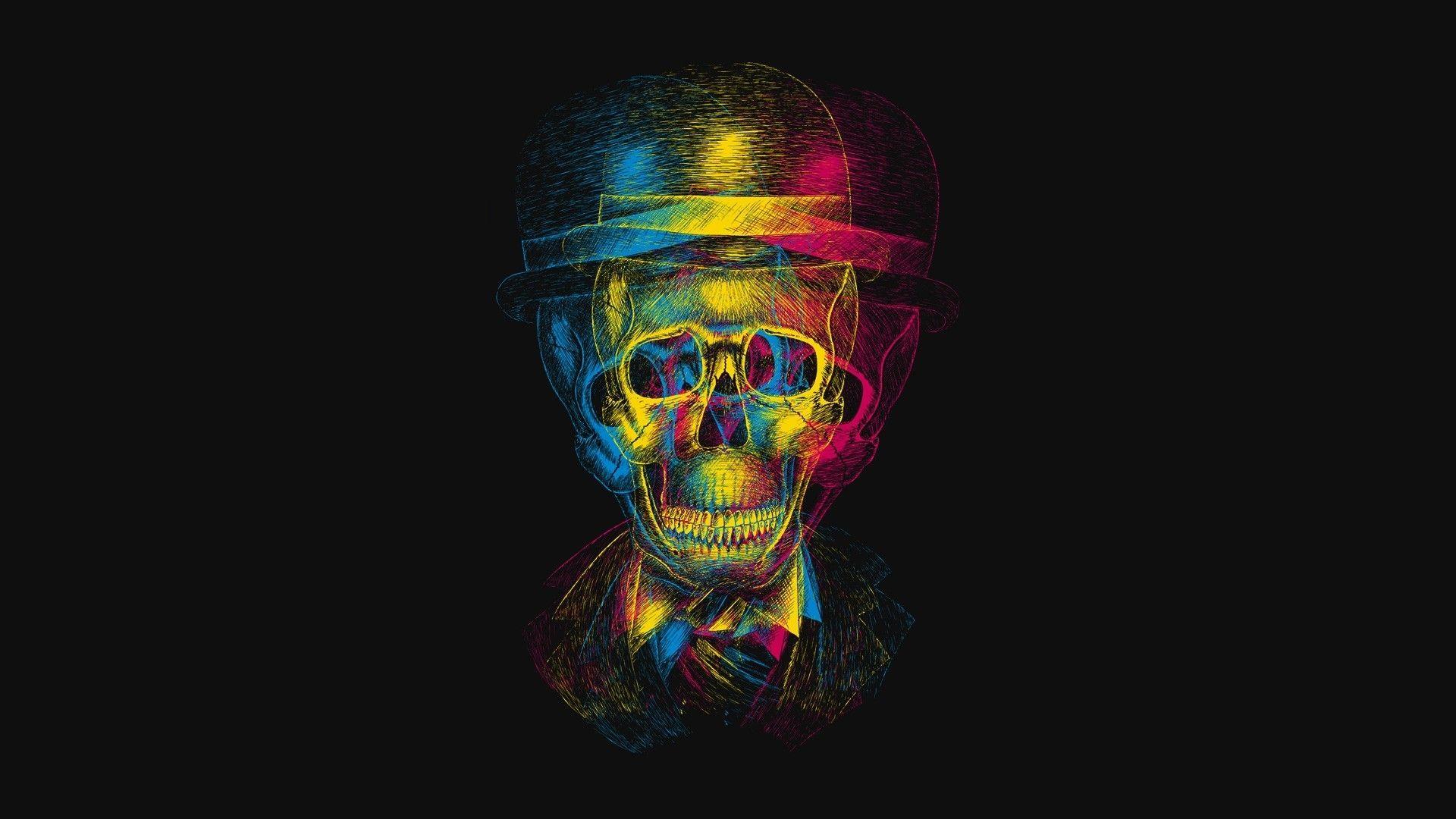 Download Wallpaper 1920x1080 skull, hat, anaglyph, drawing Full HD