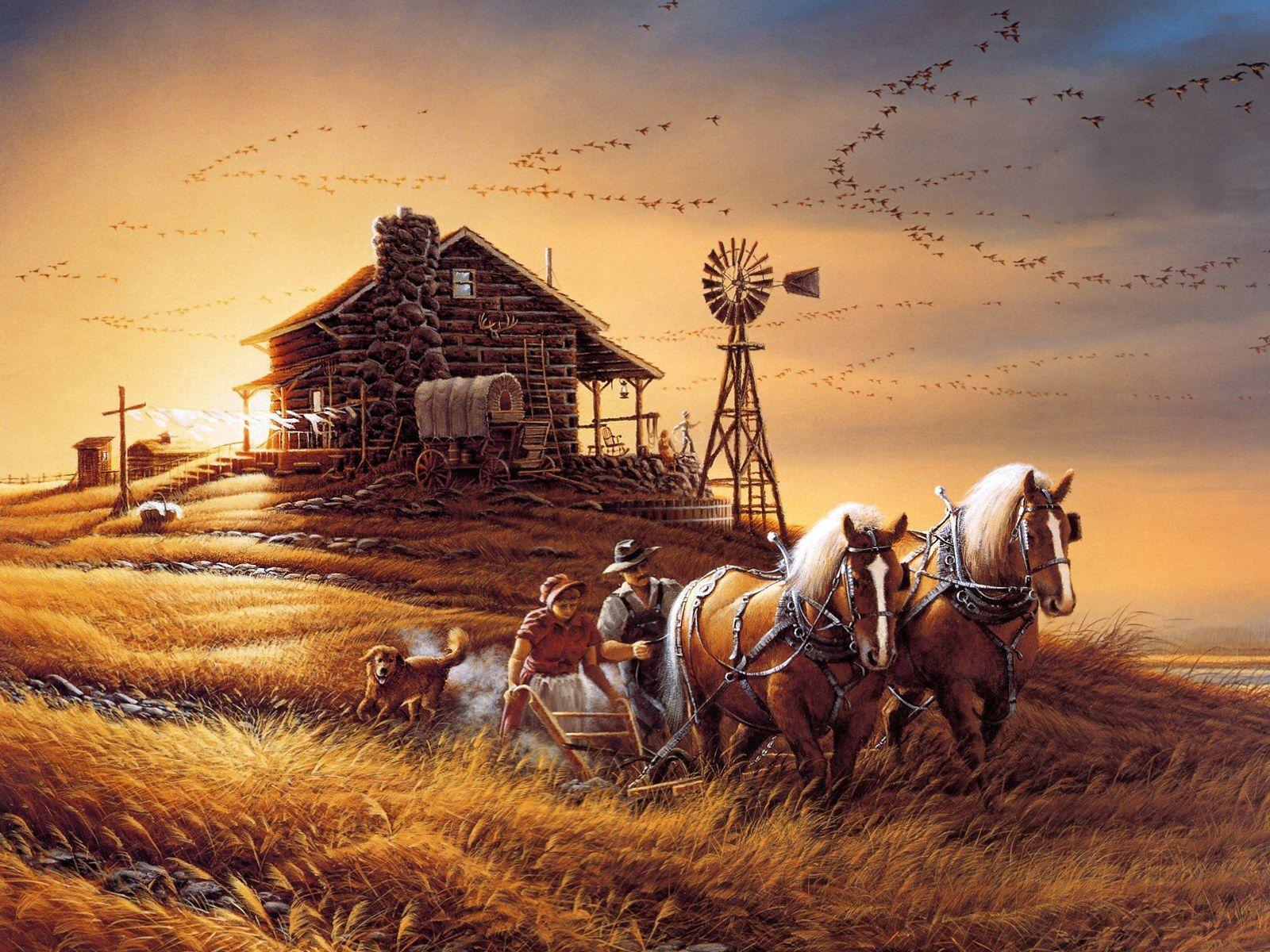 Terry Redlin Painting of Outdoor Activities, Horse, Farming, Wheat